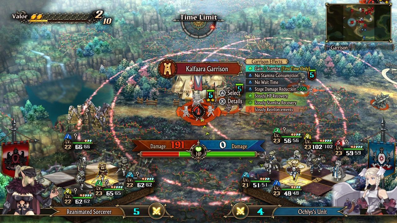 A screenshot of Ochlys targetting the enemy Sorcerer at Kalfaara Garrison in Unicorn Overlord