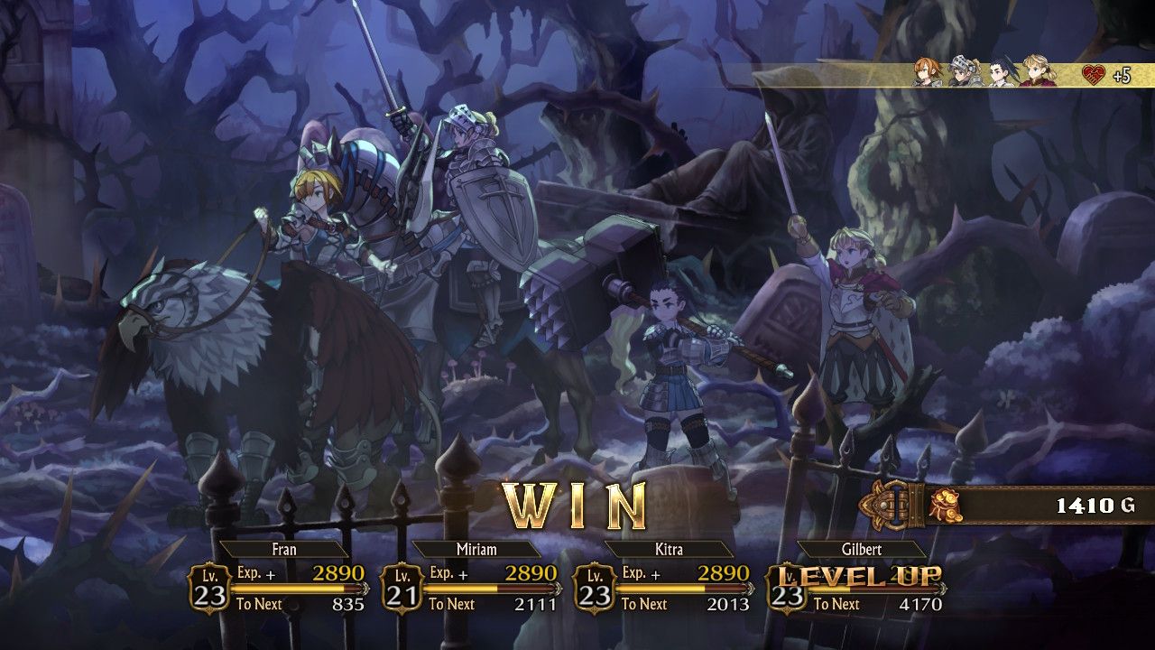 A screenshot of Fran, Miriam, Kitra, and Gilbert from Unicorn Overlord winning a fight