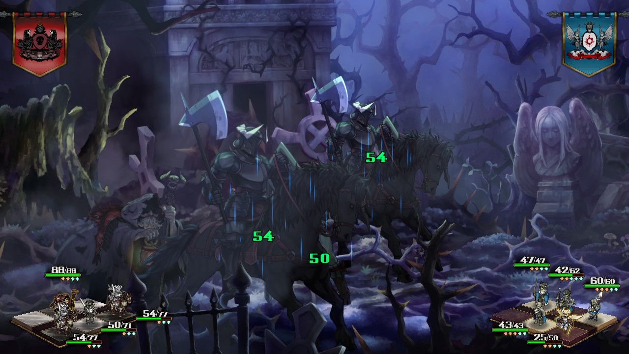 A screenshot of Unicorn Overlord showing Baltro raising the three units in front of him