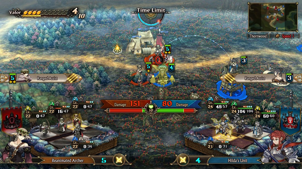 A screenshot of Hilda fighting an Elven archer near a Garrison in Unicorn Overlord