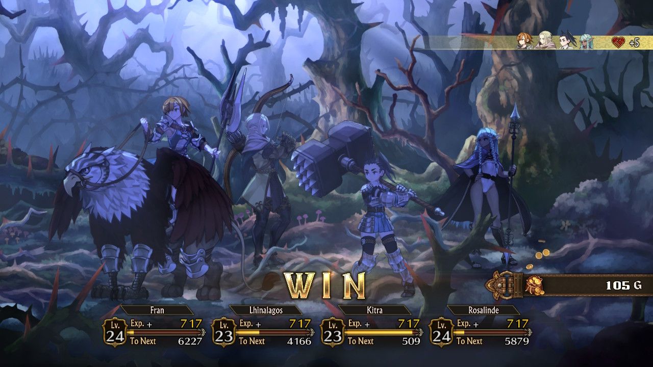 A screenshot of Unicorn Overlord showing Fran, Lhinalagos, Kitra, and Rosalinde