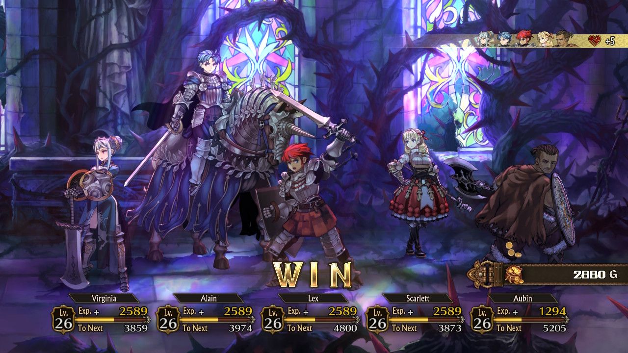 A screenshot of Unicorn Overlord showing Virginia, Alain, Lex, Scarlett, and Aubin