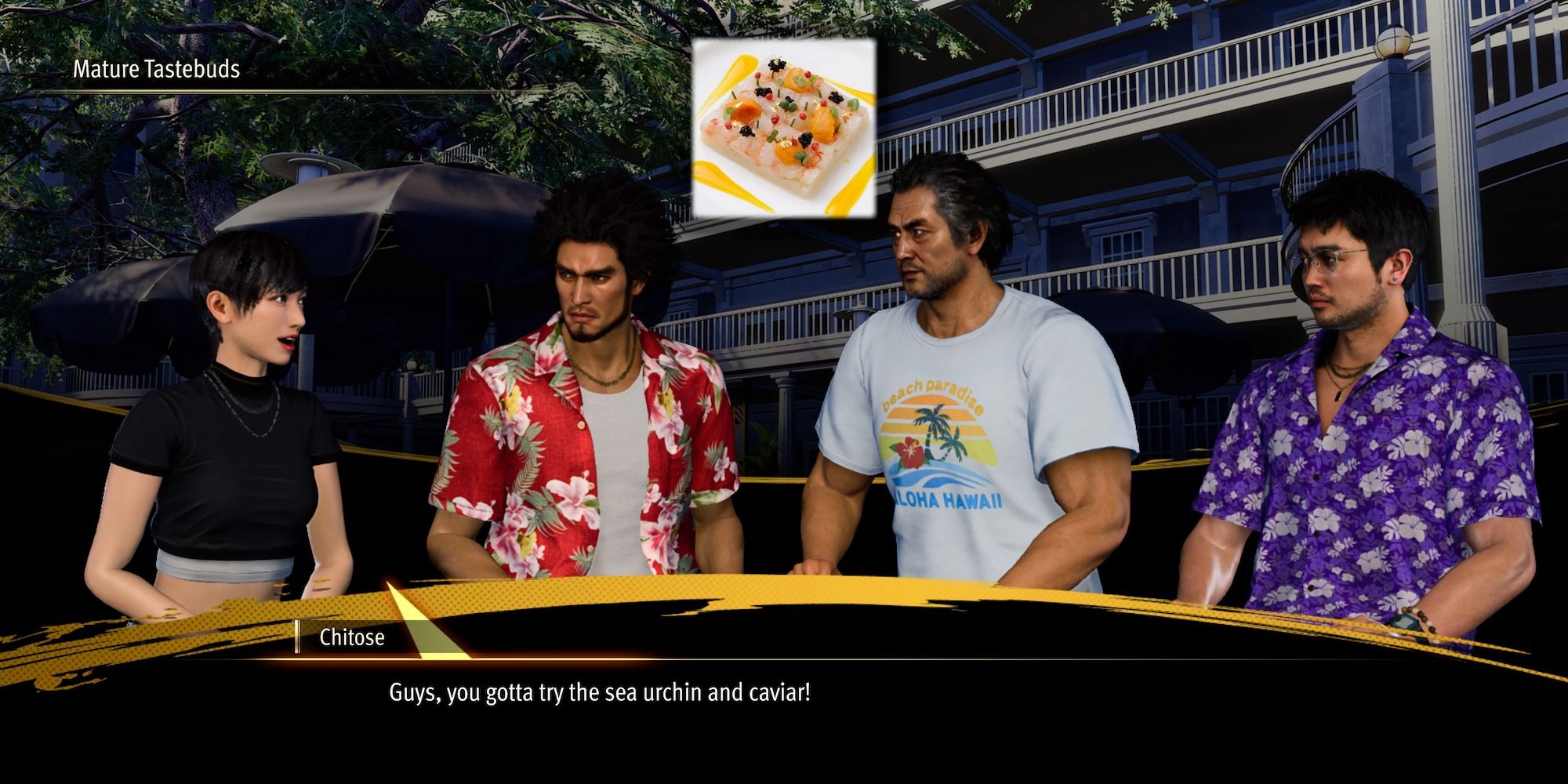 Party sitting around, talking about food in infinite wealth