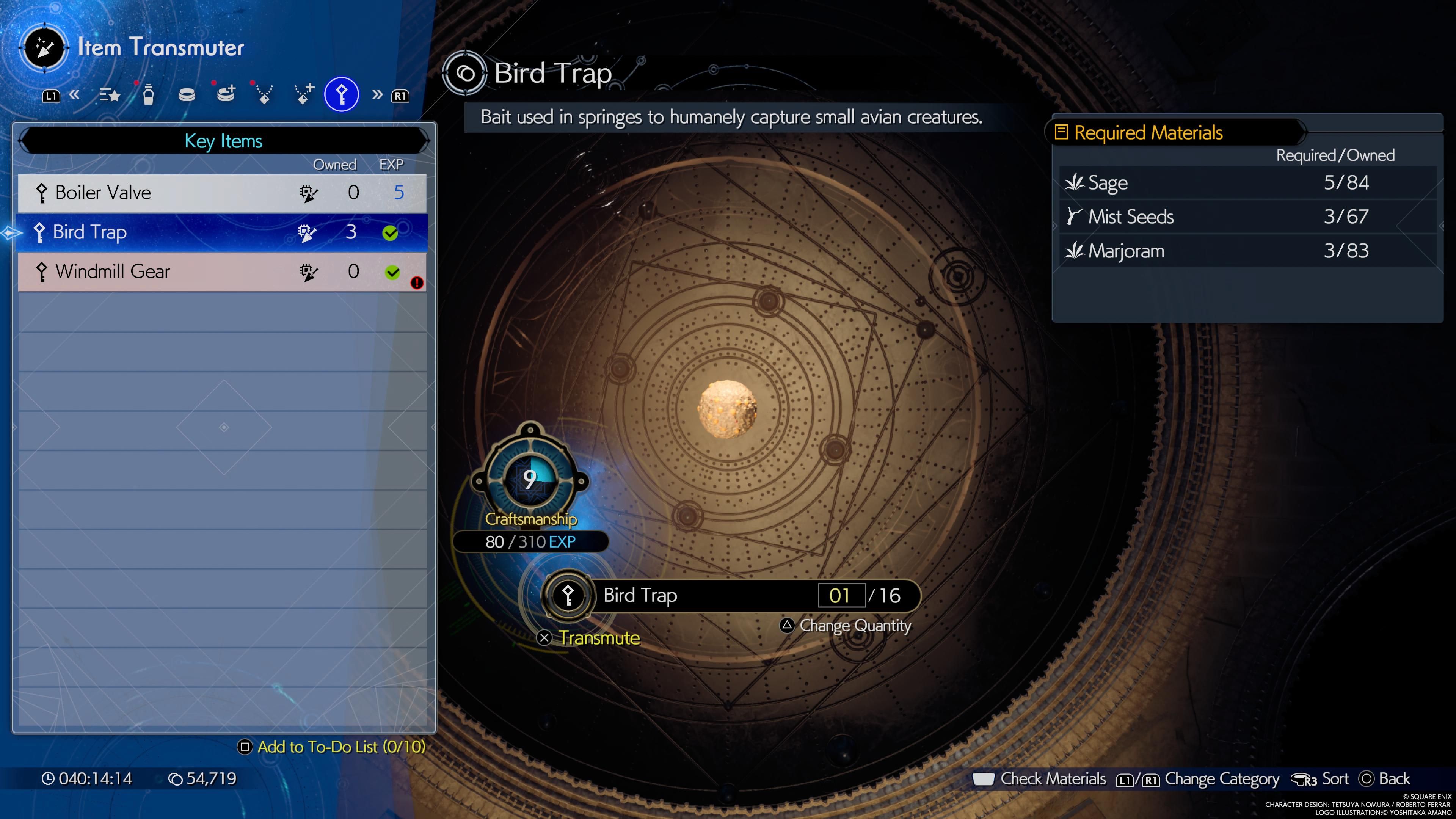 Item Transmuter menu and Cloud about to craft a Bird Trap - FF7 Rebirth