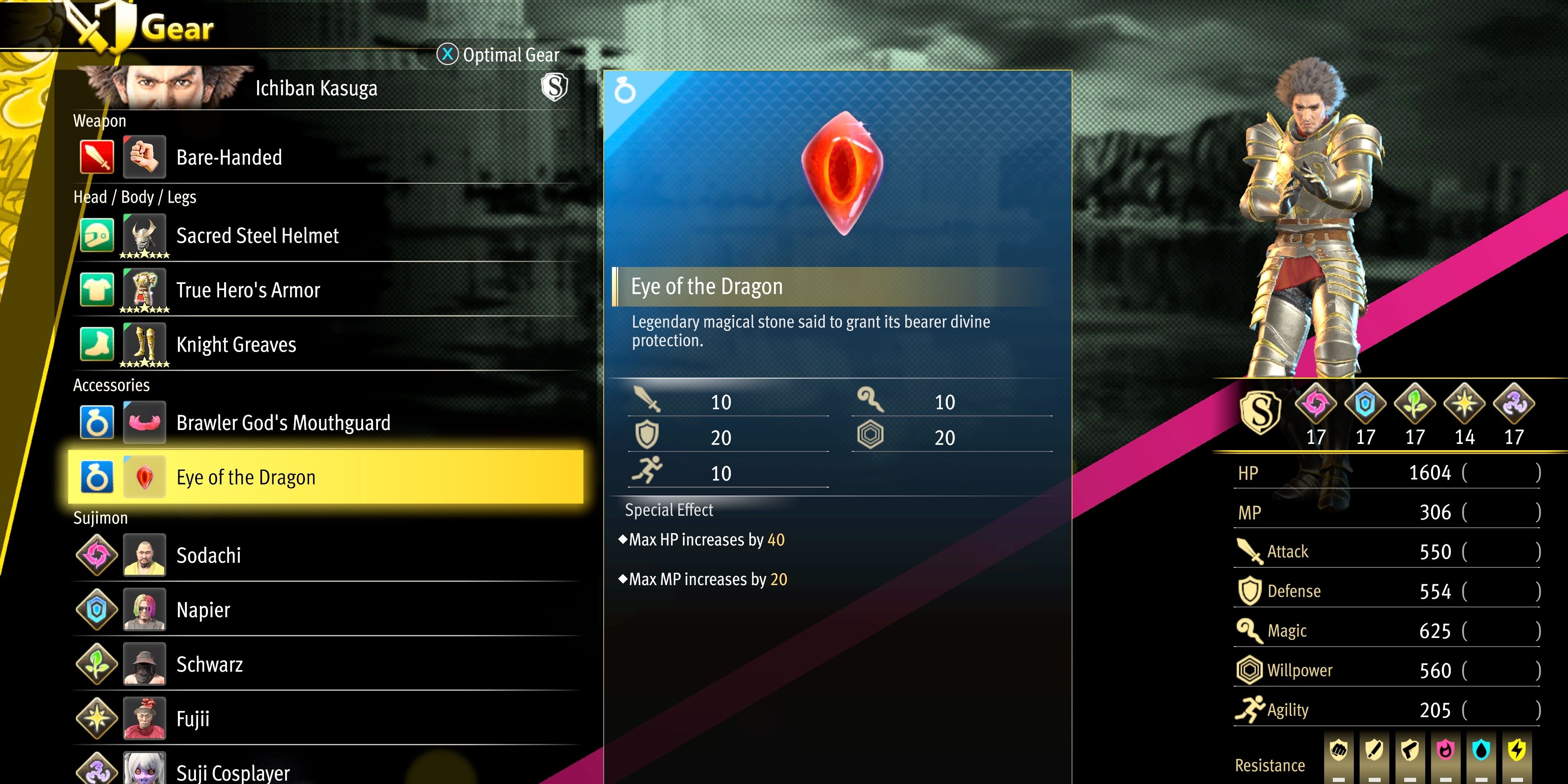 The Eye of the Dragon accessory in the Gear menu of Like A Dragon: Infinite Wealth.