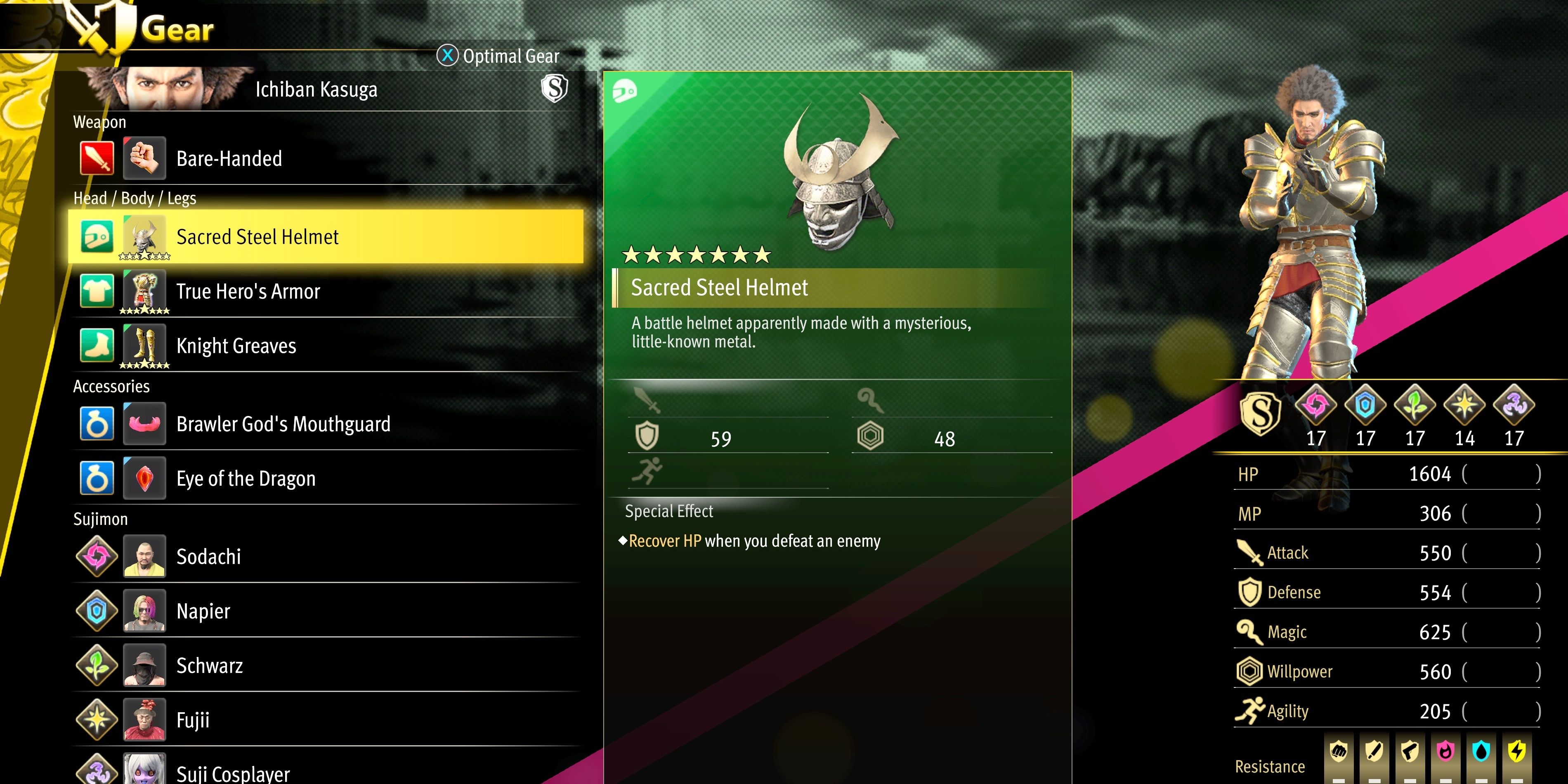 The Sacred Steel Helmet in the Gear menu of Like A Dragon: Infinite Wealth.