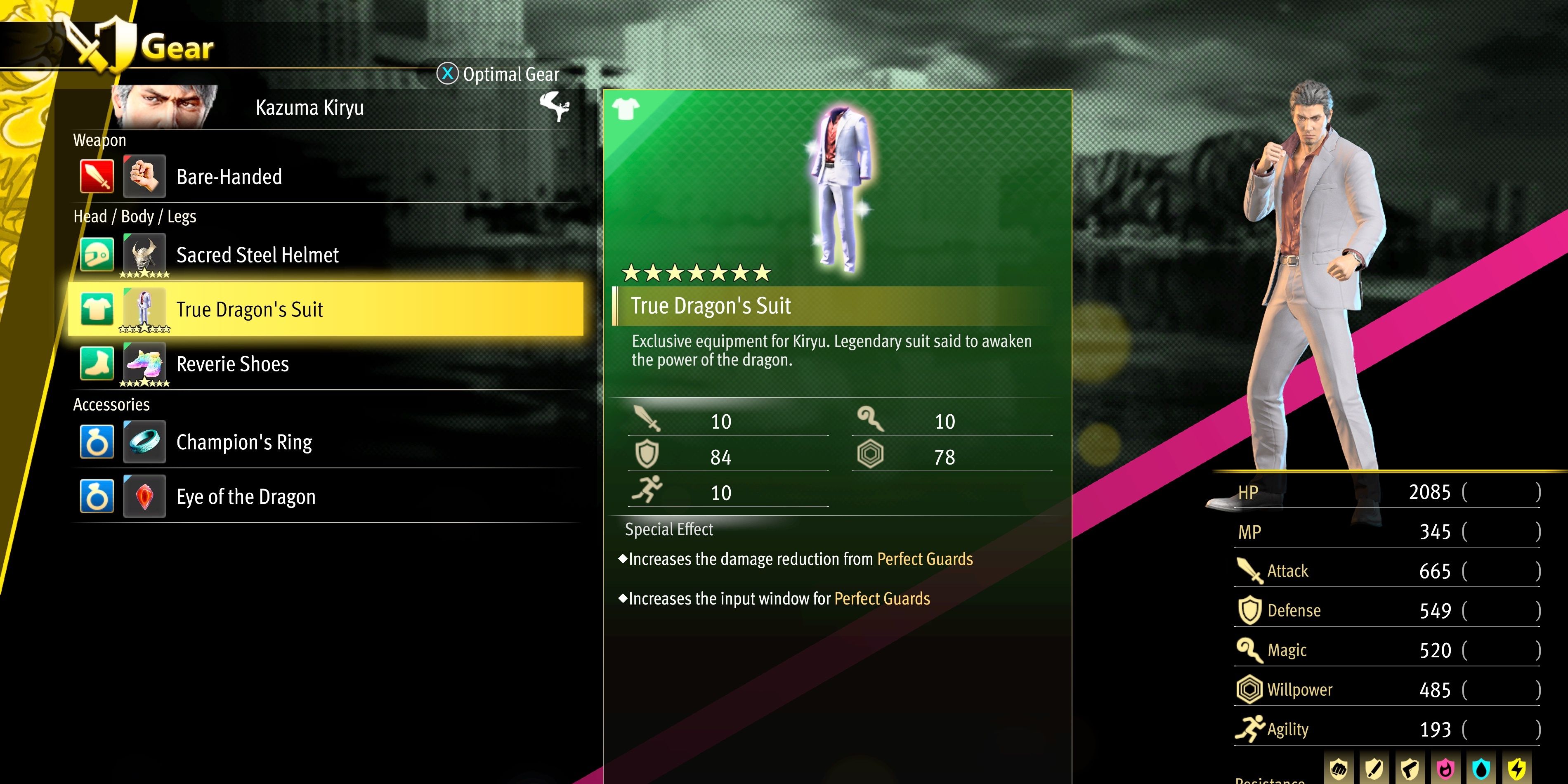 The True Dragon's Suit in the Gear menu of Like A Dragon: Infinite Wealth.