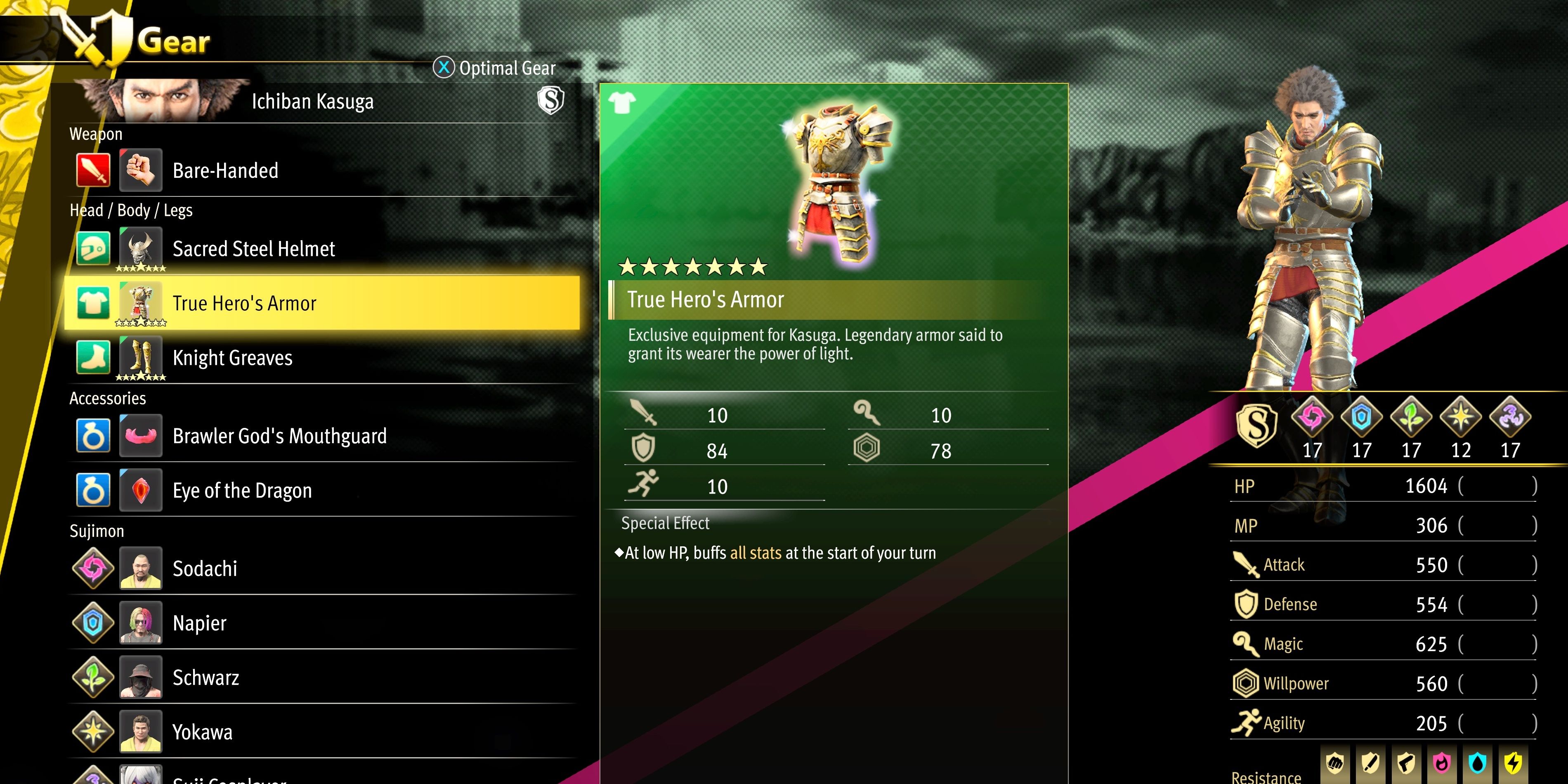 True Hero's Armor in the Gear menu of Like A Dragon: Infinite Wealth.