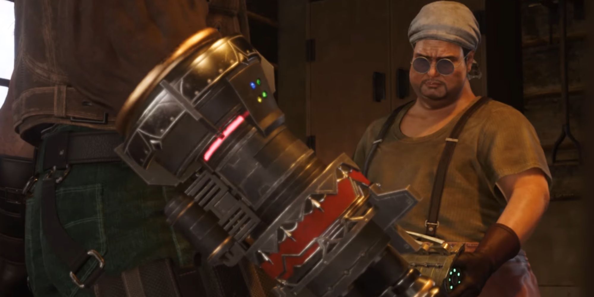 Izo Looking at Barret's hand in Final Fantasy 7 Rebirth