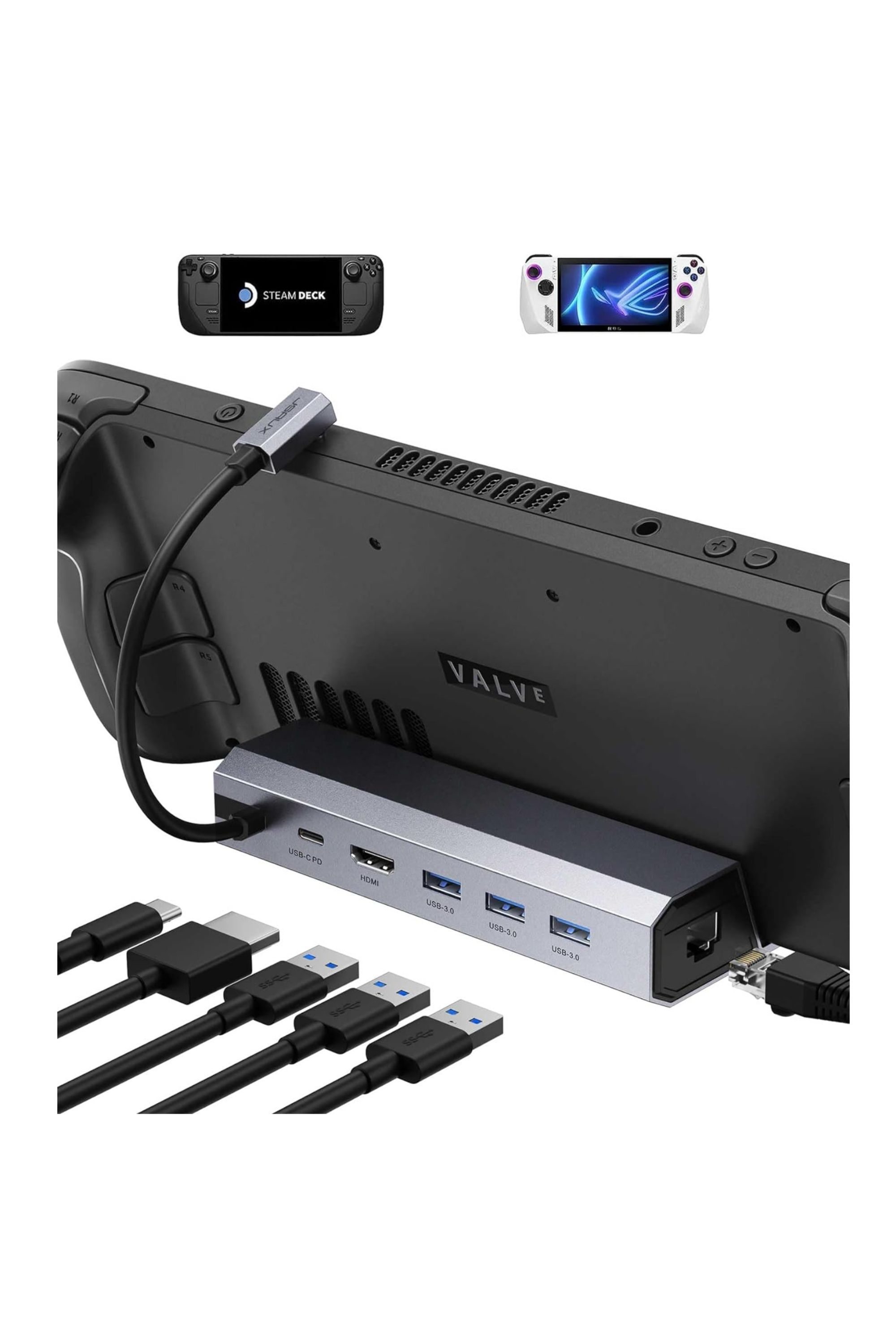 A JSAUX Steam Deck Dock showcasing compatibility, connectivity, and form.