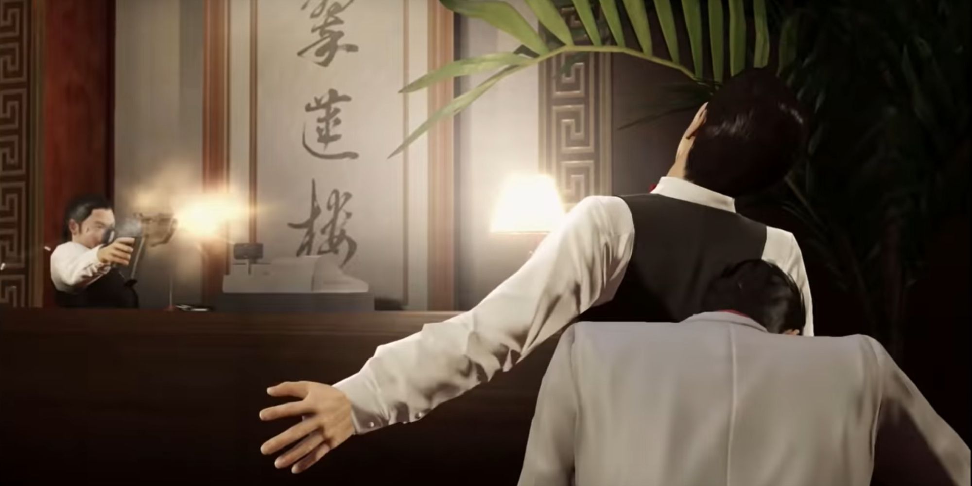 Kiryu hiding behind the body of a man getting shot by another man with a machine gun.