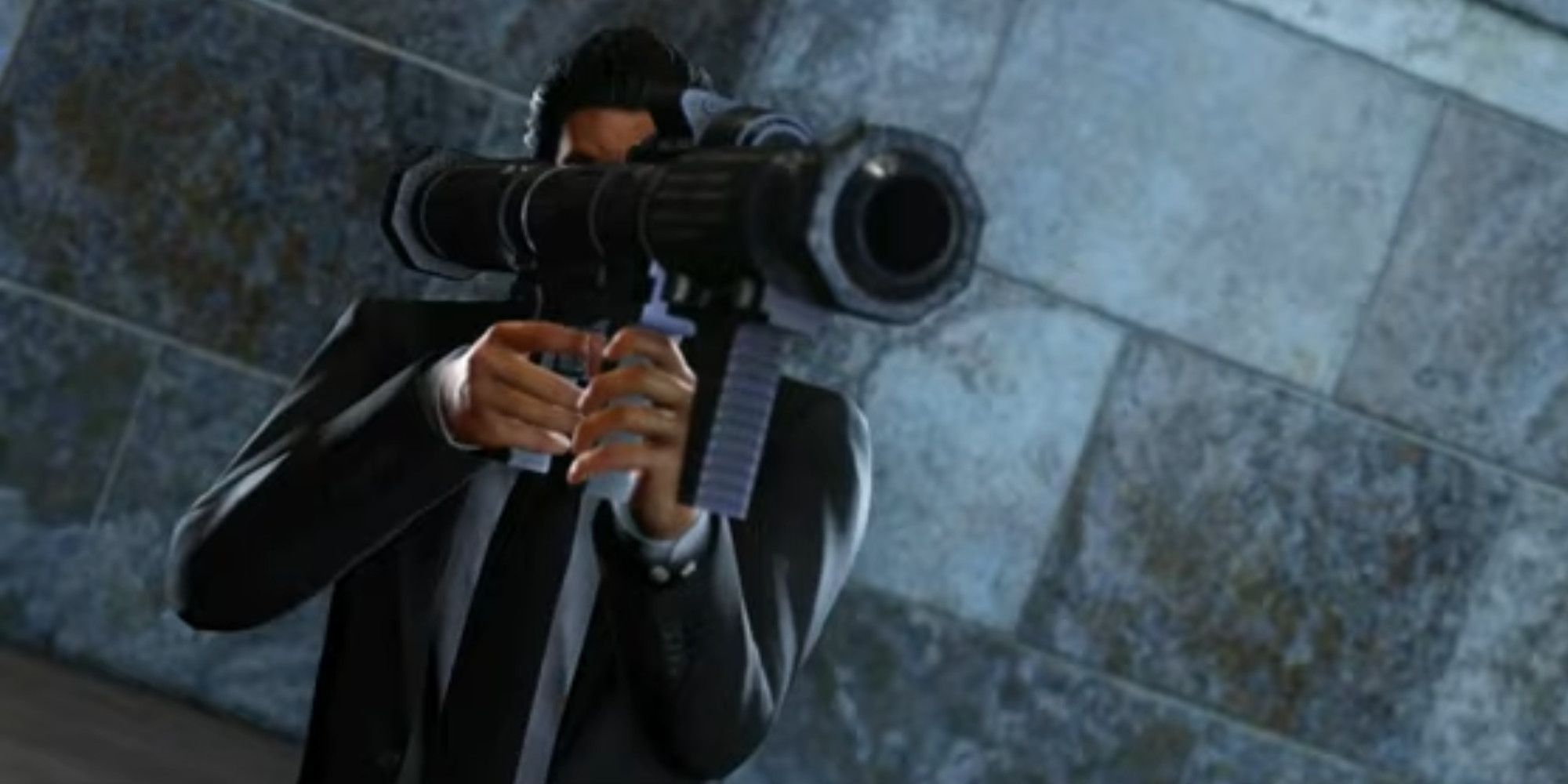 Kiryu pointing a rocket launcher towards the screen in Yakuza 6