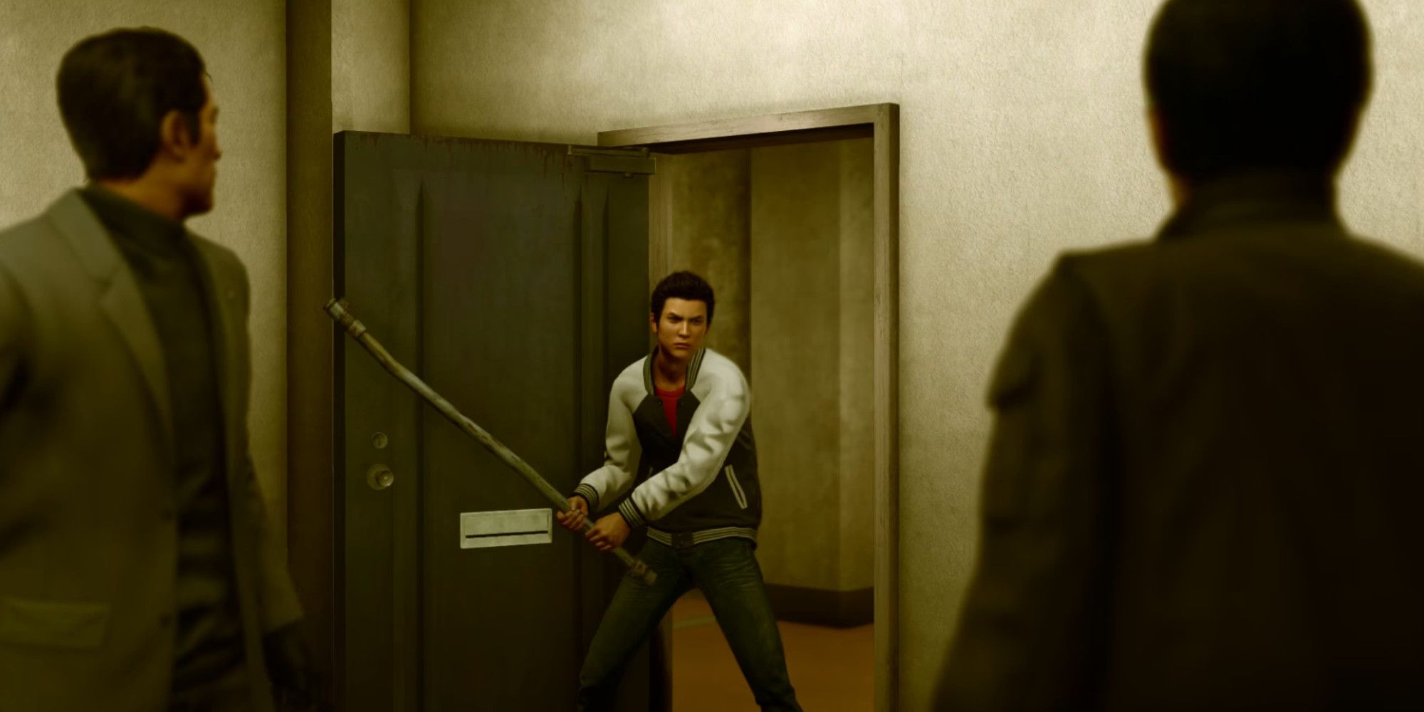 Kiryu standing in a doorway threatening a man with a lead pipe