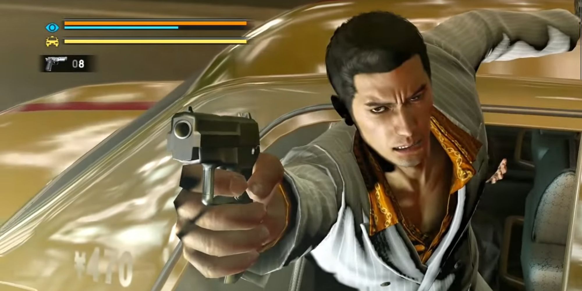 Kiryu hanging out of a tazi and pointing a gun off screen in Yakuza 0