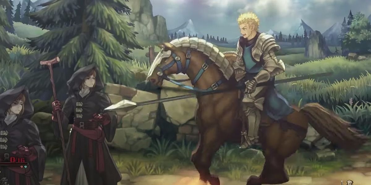 Clive the Knight charging into the the enemy ranks in Unicorn Overlord.