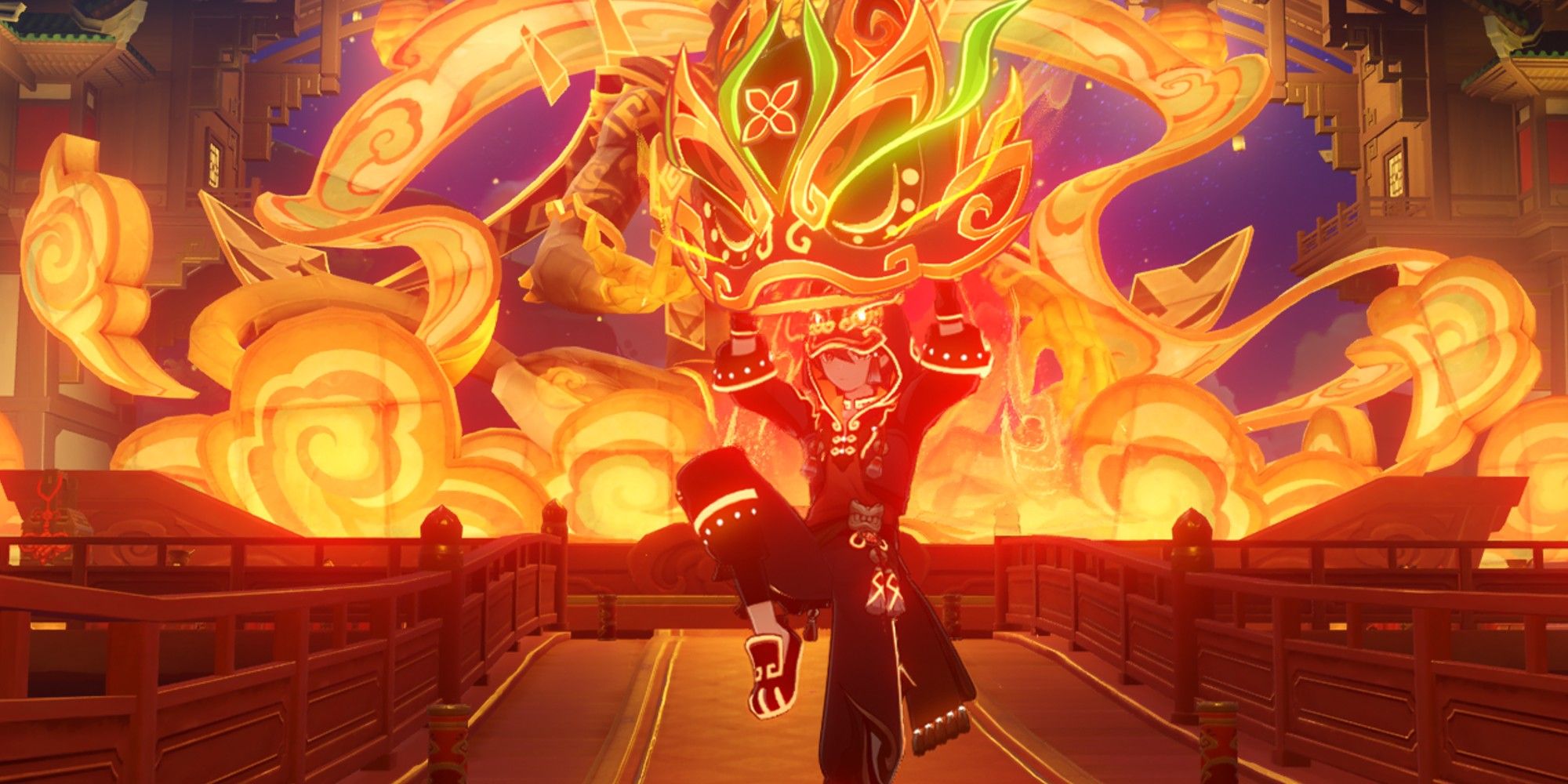 Genshin Impact's Gaming dances a traditional dragon dance at a festival.