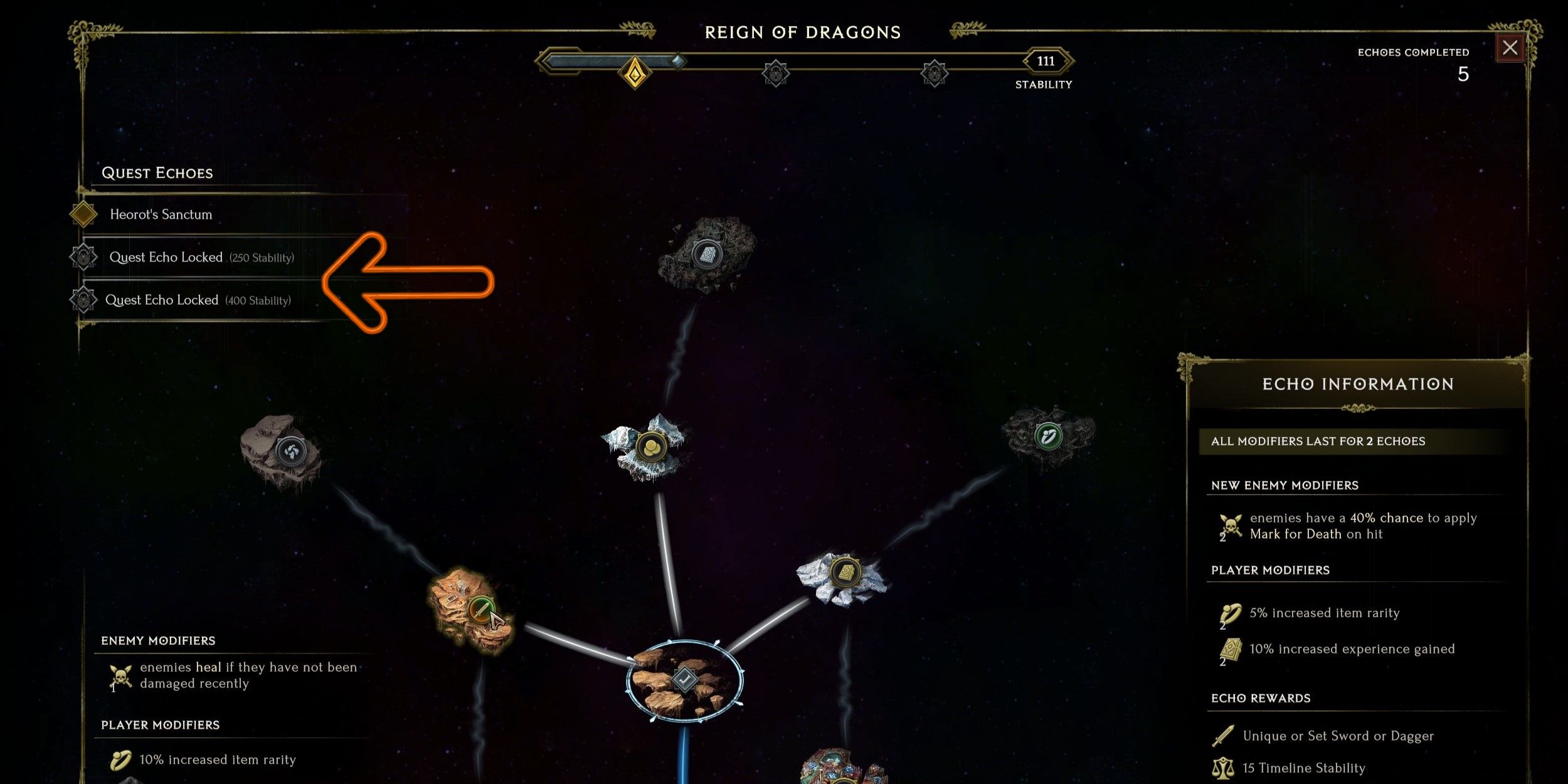 Last Epoch Monolith of Fate map showing Quest Echoes.