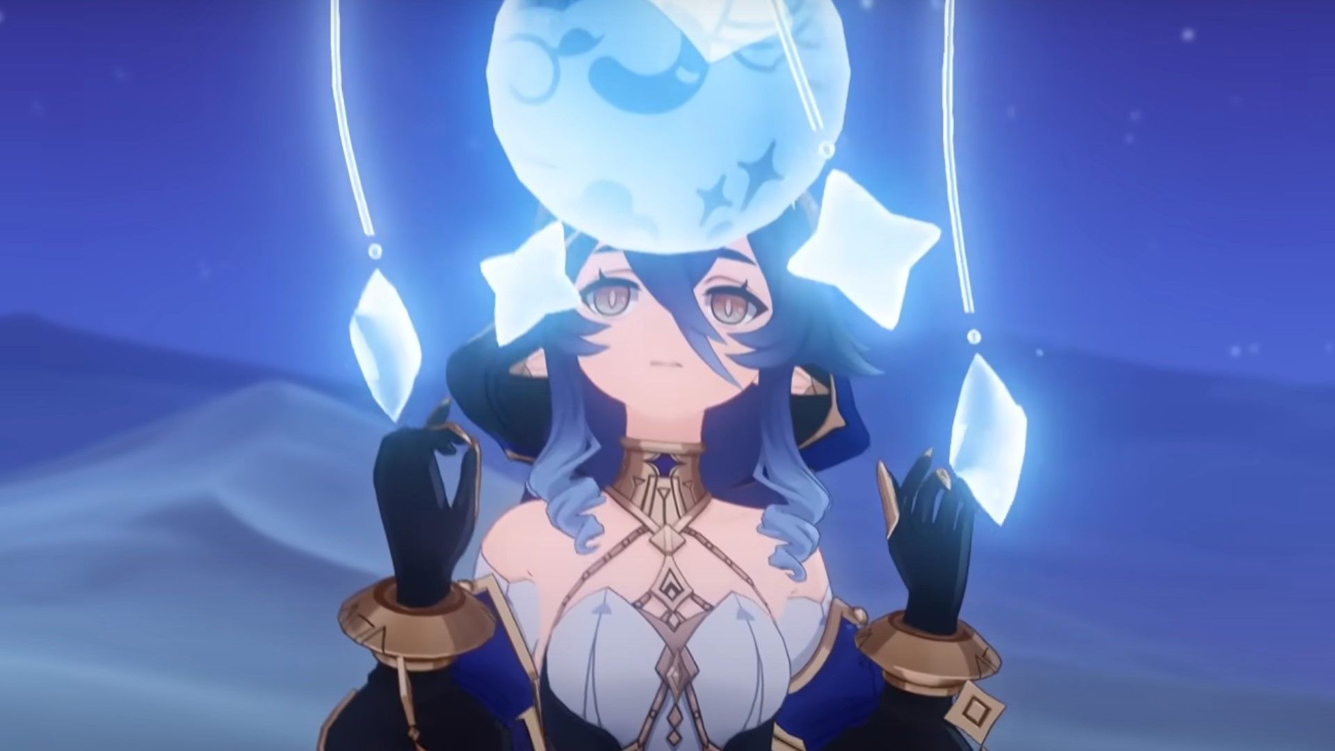 Layla looks up at her Cryo stars and  moon in Genshin Impact.