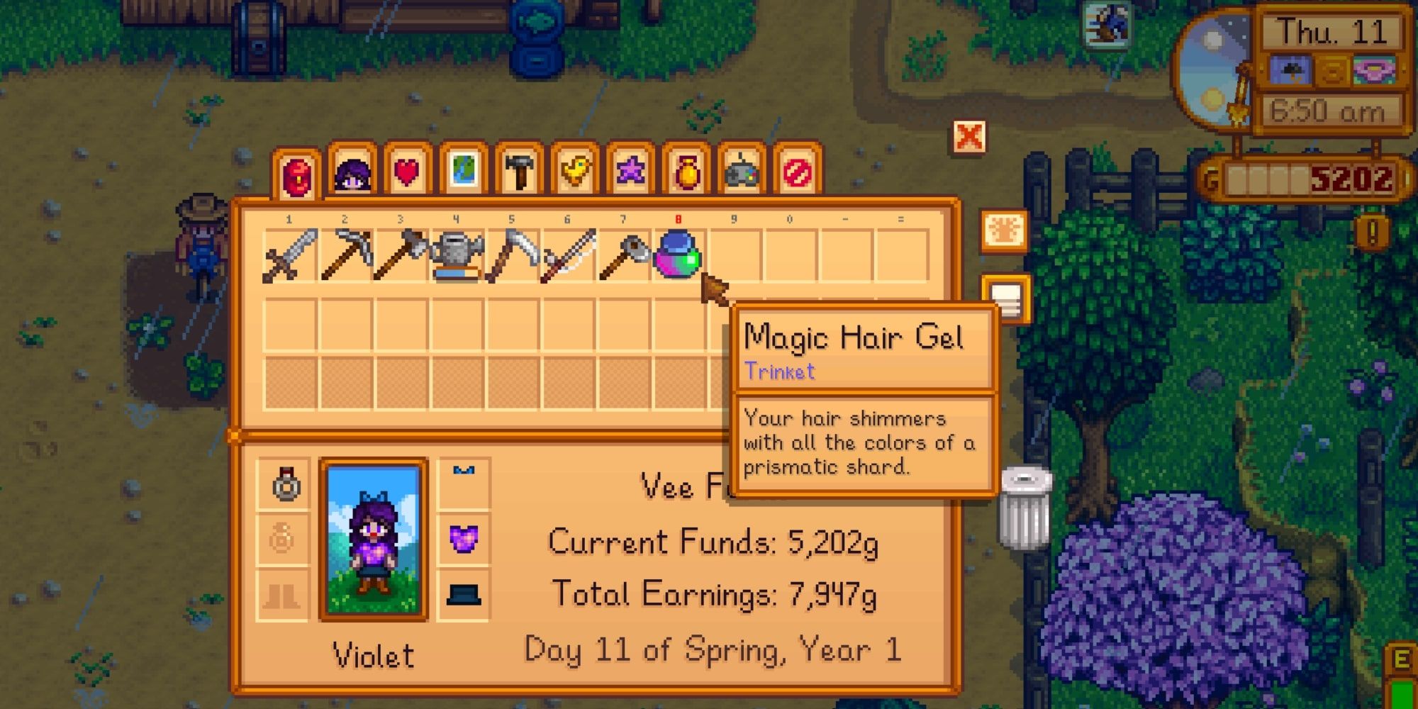 Magic Hair Gel trinket in a player's inventory in Stardew Valley.