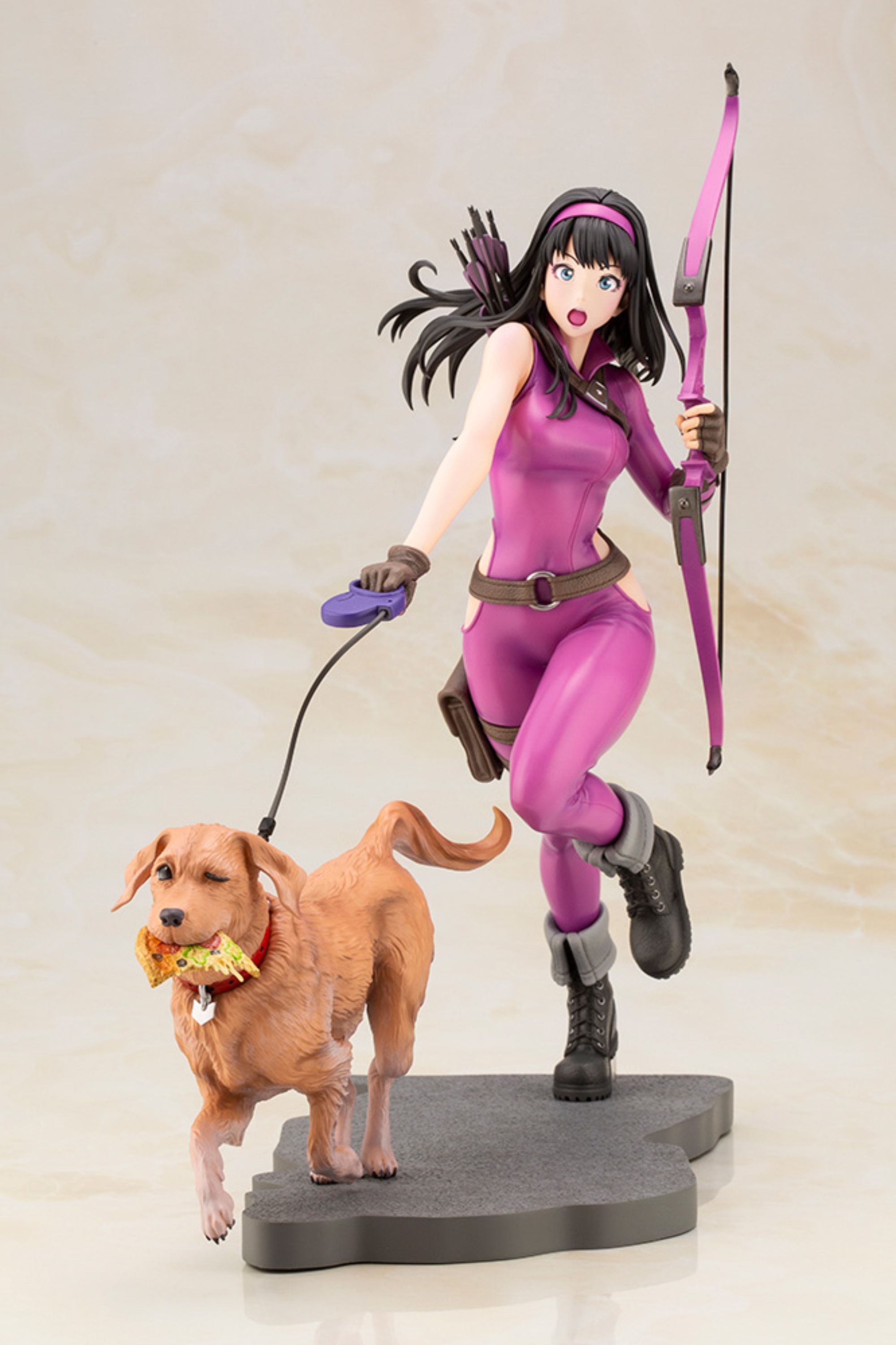 Marvel Kotobukiya Statue Of Kate Bishop Holding Lucky The Pizza Dog's lead
