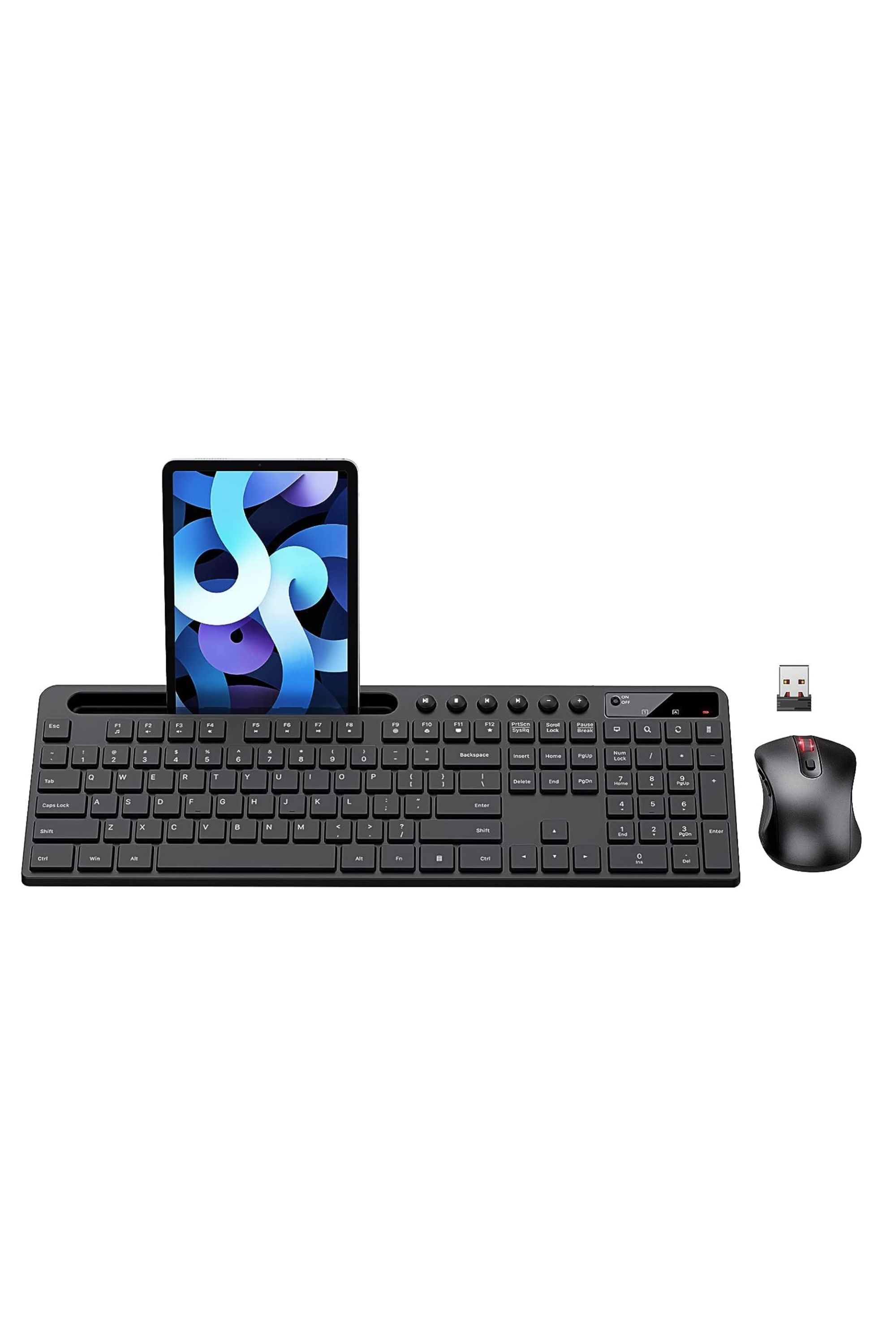 A MARVO combination of keyboard and mouse, including a tablet holder.