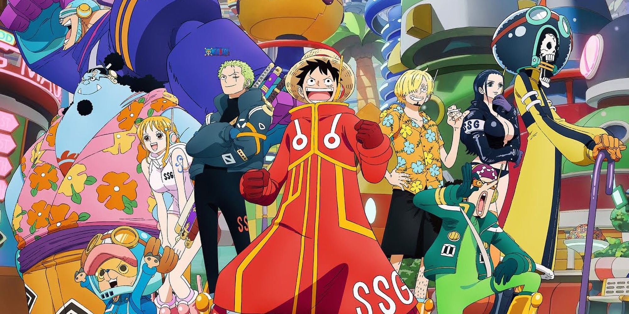 The Straw Hat Pirates smiling while wearing their new outfit on the Egghead island.
