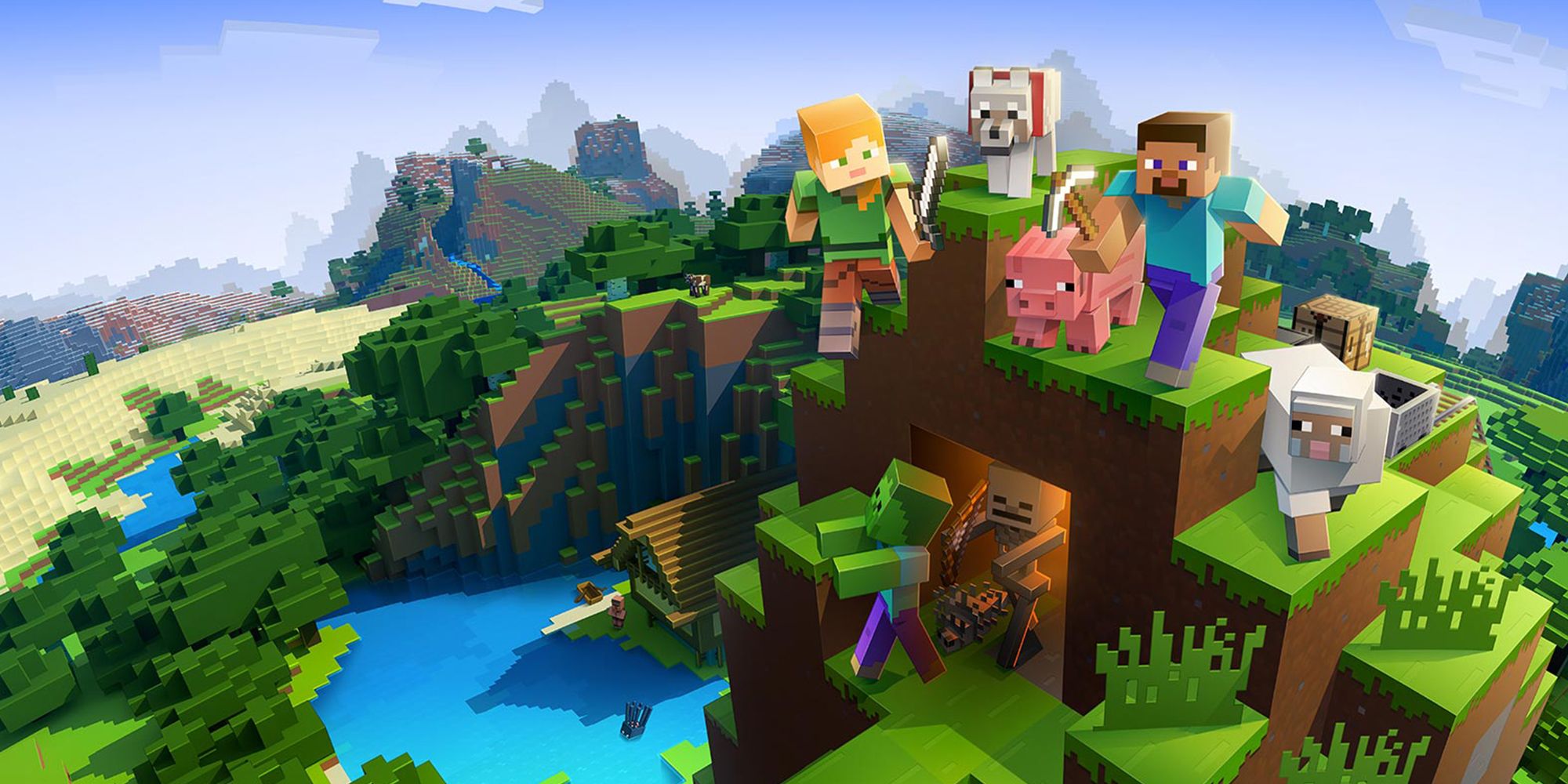 Minecraft Steve, Alex, and a few animals on a hill with monsters coming out of the cave underneath