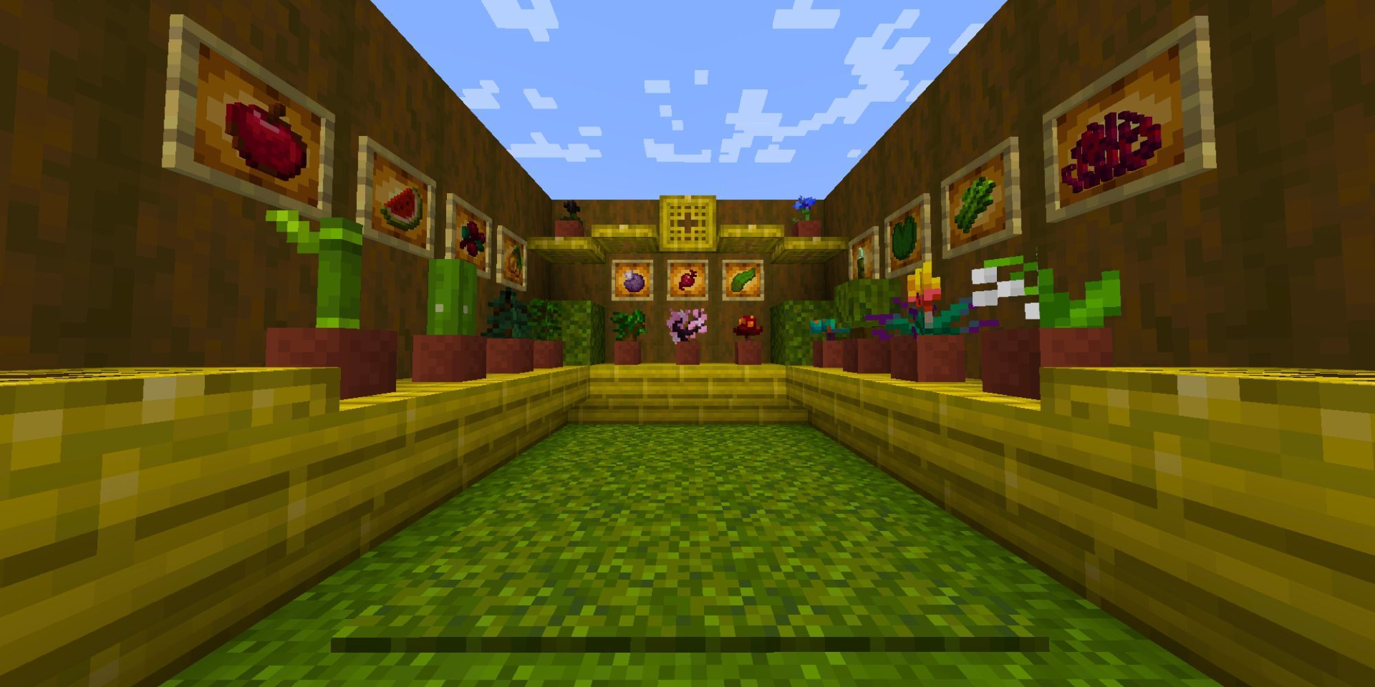 A small room with bamboo shelving, multiple potted plants, flowers, and saplings, and item frames wtih foods and other organic items.