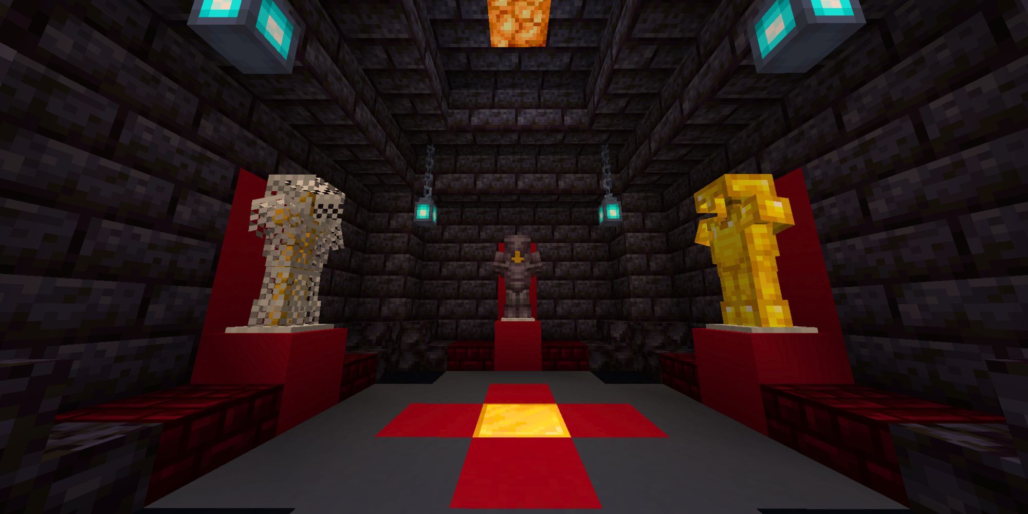 A red, gray, and black stone brick armor stand room with netherite, gold, and chainmail armors.