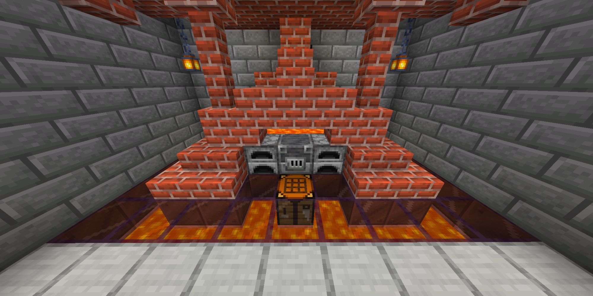 A stone brick room with a large orange-brick forge in the center, containing lava, furnaces, and blast furnaces.