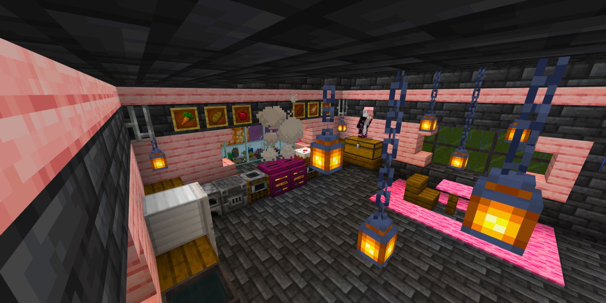 A largely pink and black, modern kitchen with lanterns, an iron fridge, eating area, item frames with food, and a stove.