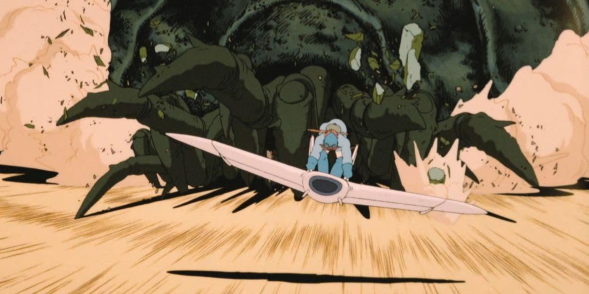 The main character in Nausicaä of the Valley of the Wind flying away from a giant insect running through the sand.