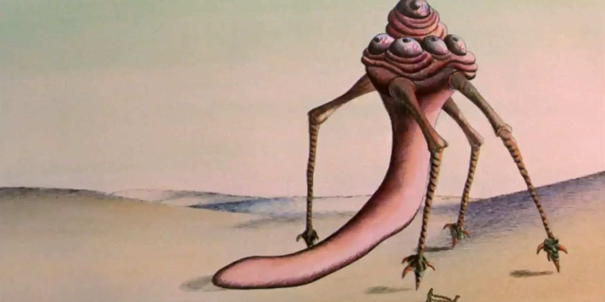 A strange massive creature in the middle of the dunes of the desert planet in Fantastic Planet, multiple eyeballs over its head and long legs and tongue-like body. 