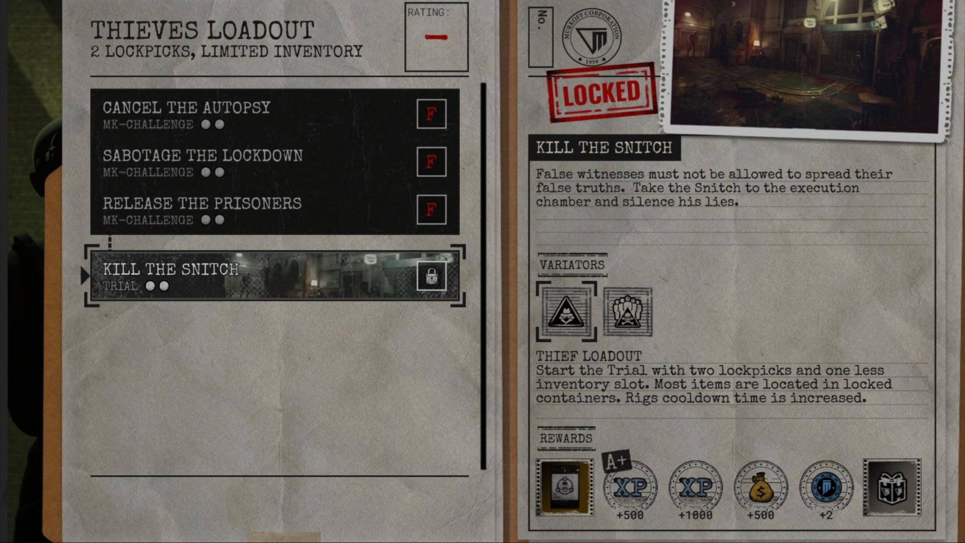 A list including the Trial and MK-Challenges available in Weekly Therapy in The Outlast Trials.