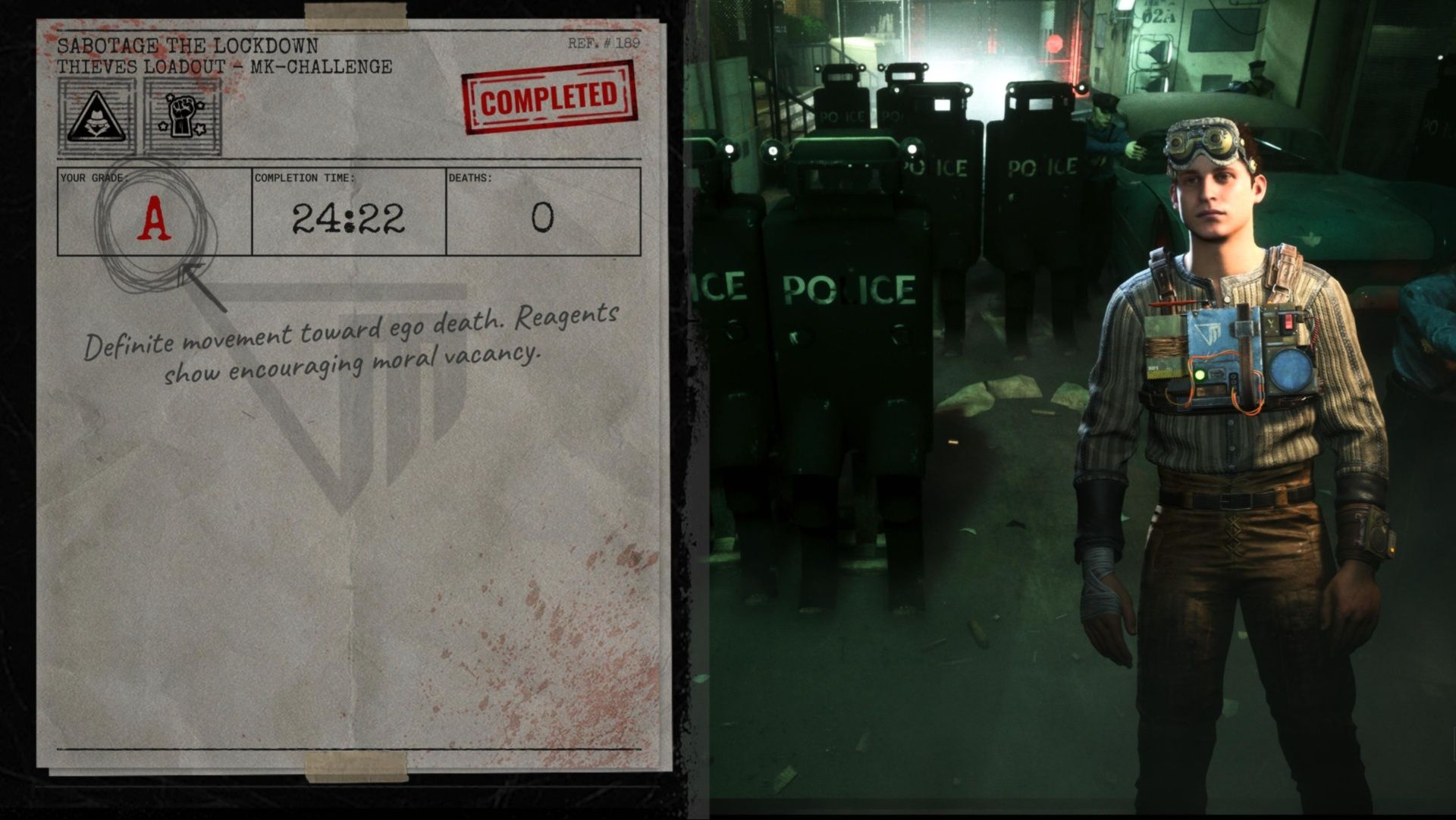 Completing one of the MK-Challenges for the Thieves Loadout in The Outlast Trials.