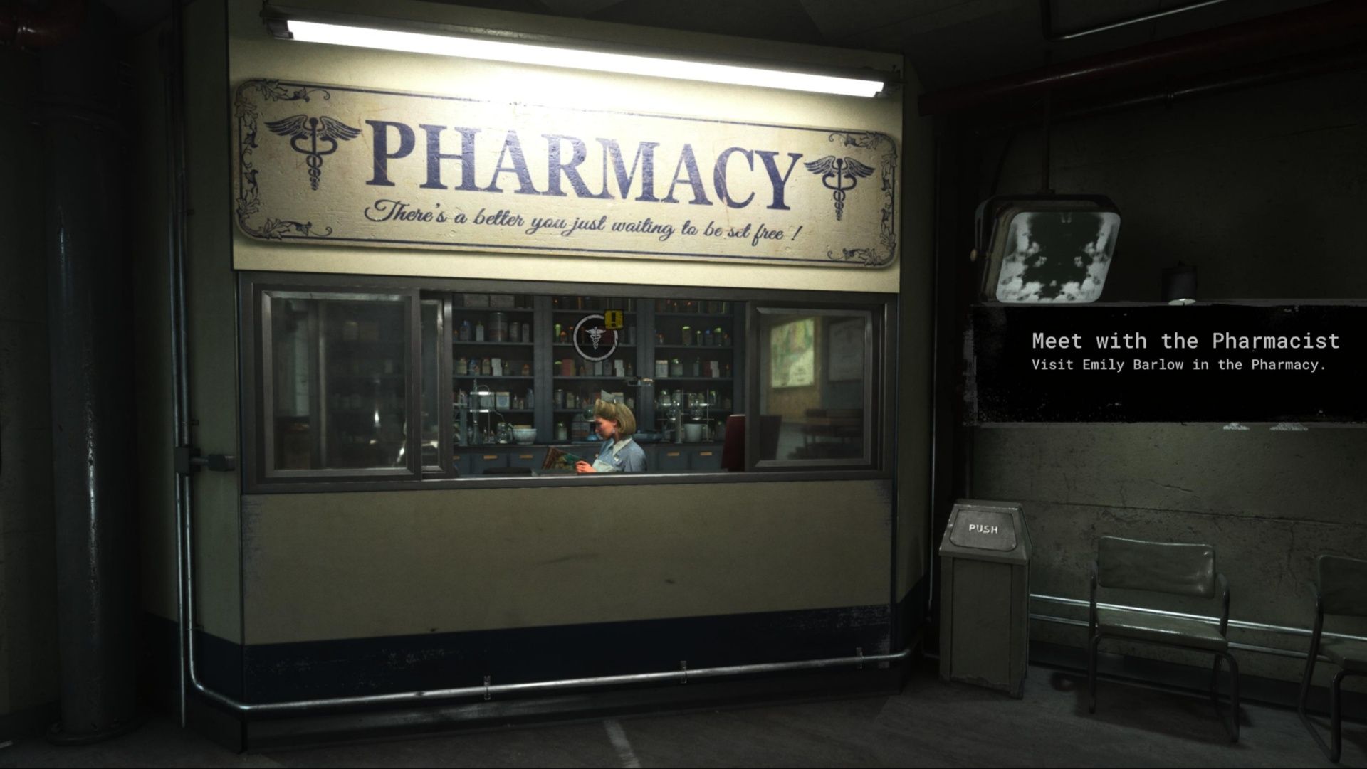 Emily Barlow at the Pharmacy, ready to sell medications to Reagents in The Outlast Trials.