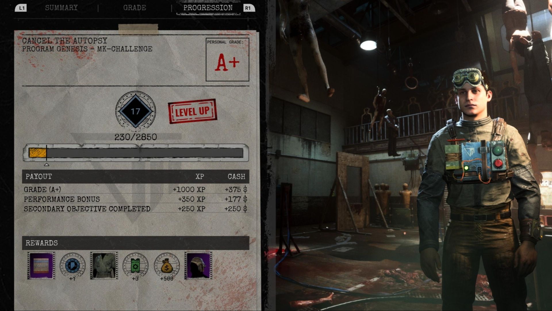 Earning an A+ rank on Cancel The Autopsy, showing the rewards earned in The Outlast Trials.
