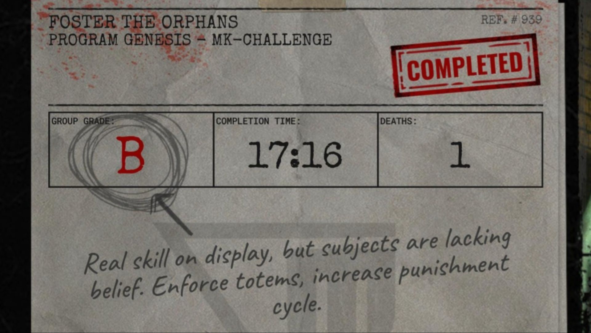 A group earns a B Group Grade during Foster The Orphans in The Outlast Trials.