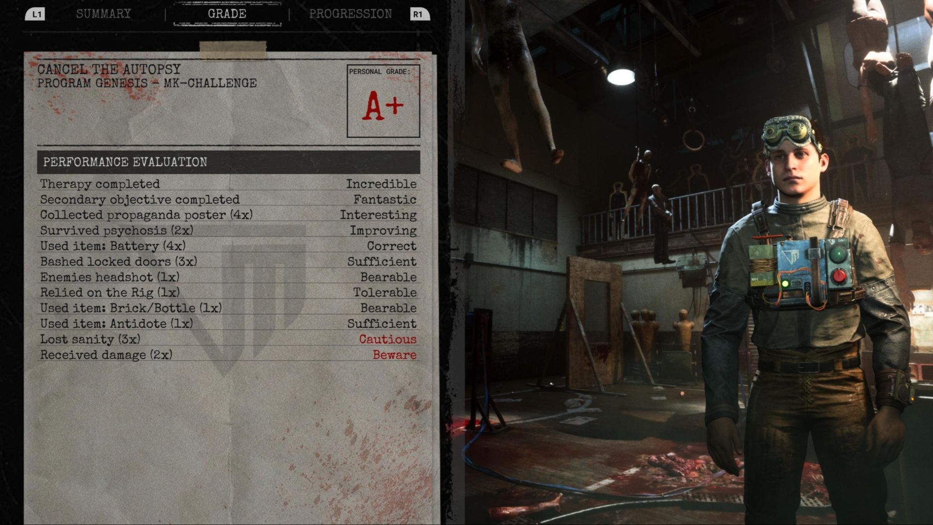 A performance evaluation for Cancel The Autopsy, earning an A+ rating in The Outlast Trials.