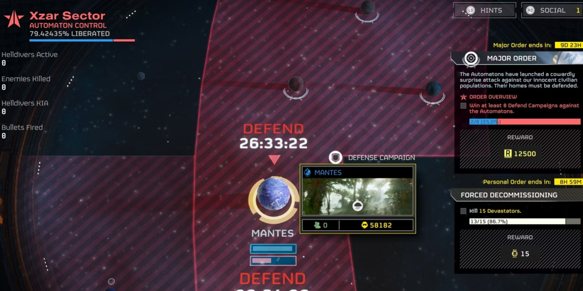 The planet selection screen on Helldivers 2, focused on a planet which needs to be defended against Automatons.