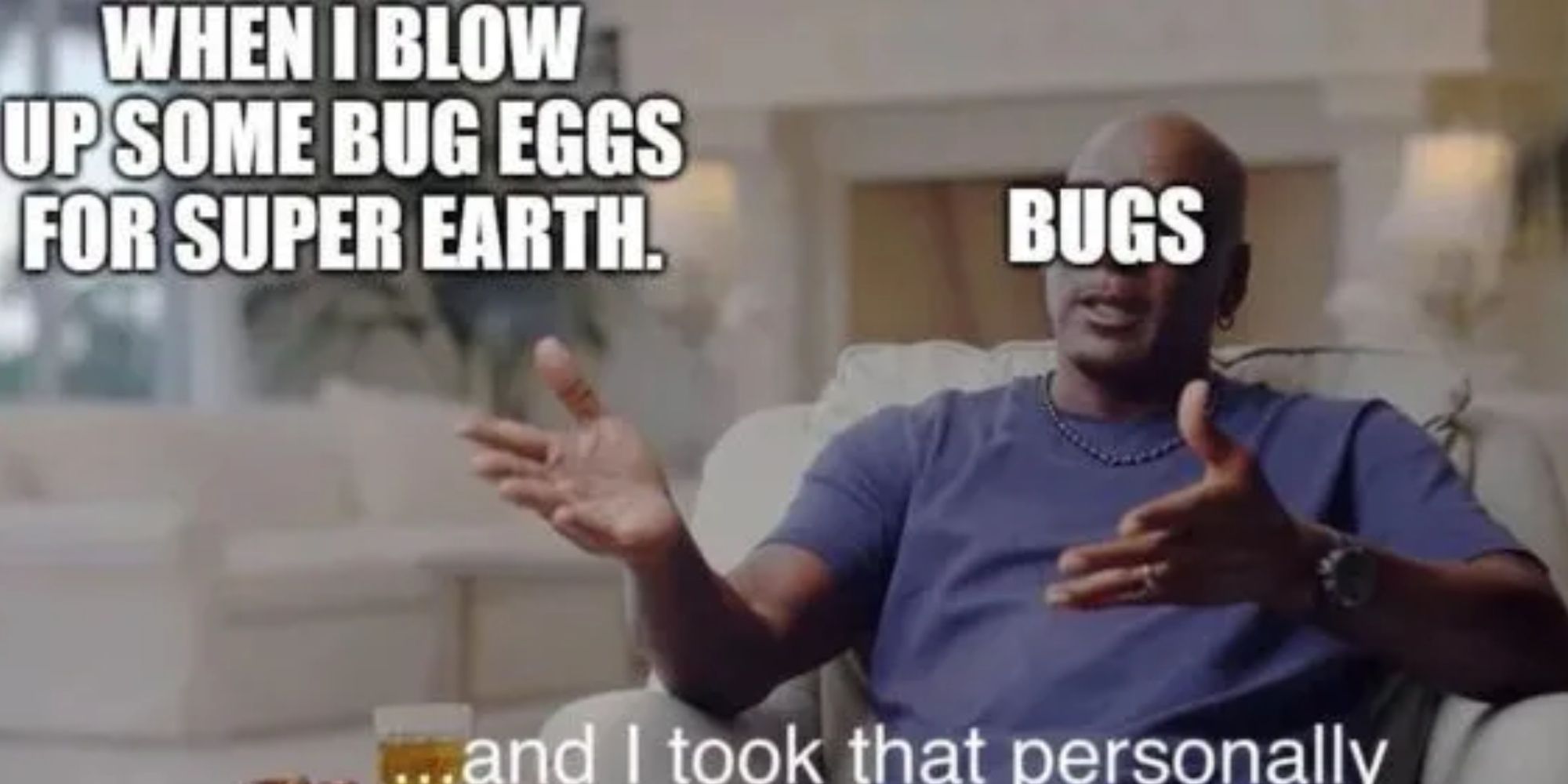A meme with the text "When I blow up some bug eggs for Super Earth." and a man labelled as 'bugs' saying "...and I took that personally."