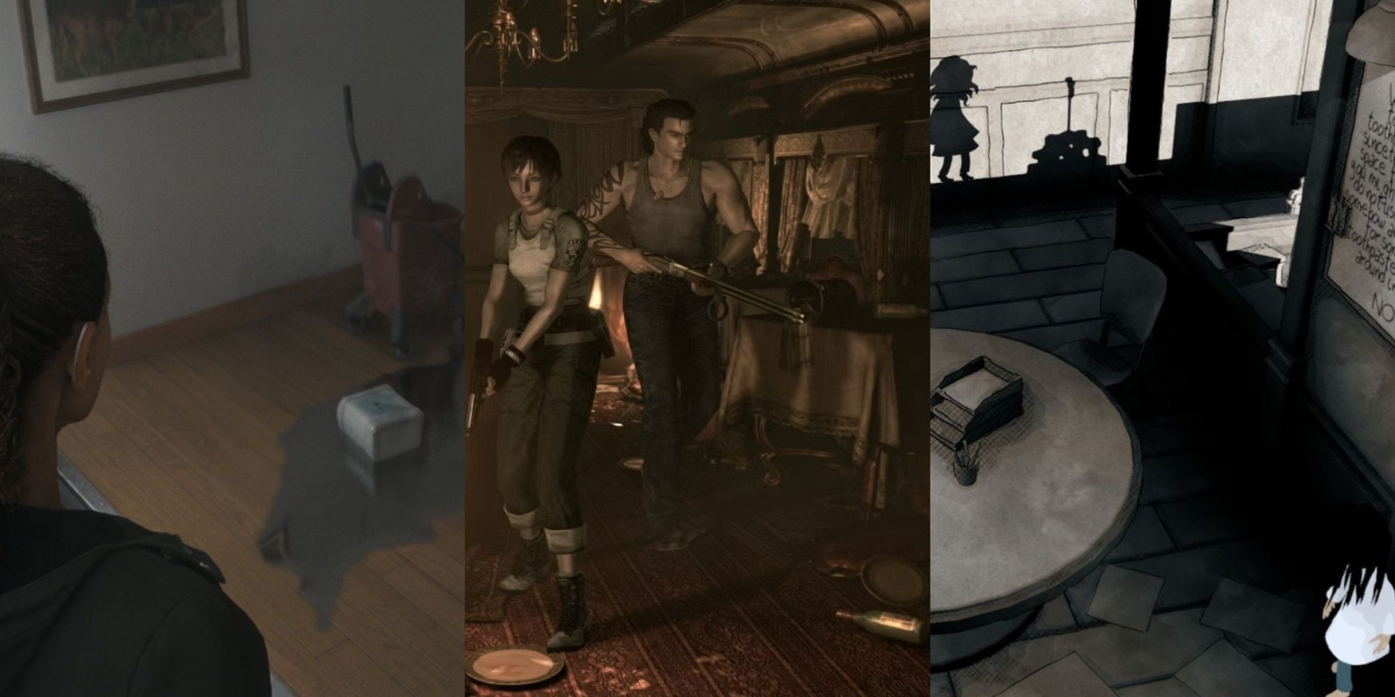 Three-image collage of Saga Anderson approaching a janitor's bucket in a save room, Rebecca and Billy side-by-side in Resident Evil Zero, and the protagonist and her shadow in Shady Part of Me.