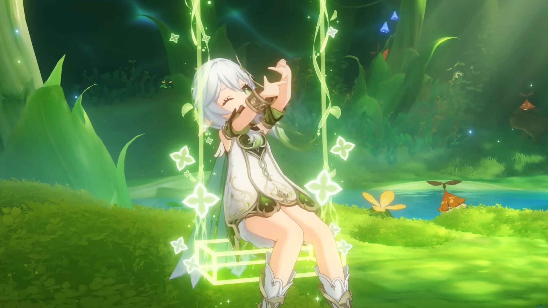 Nahoda looks up as she sits on her Swing in Genshin Impact.