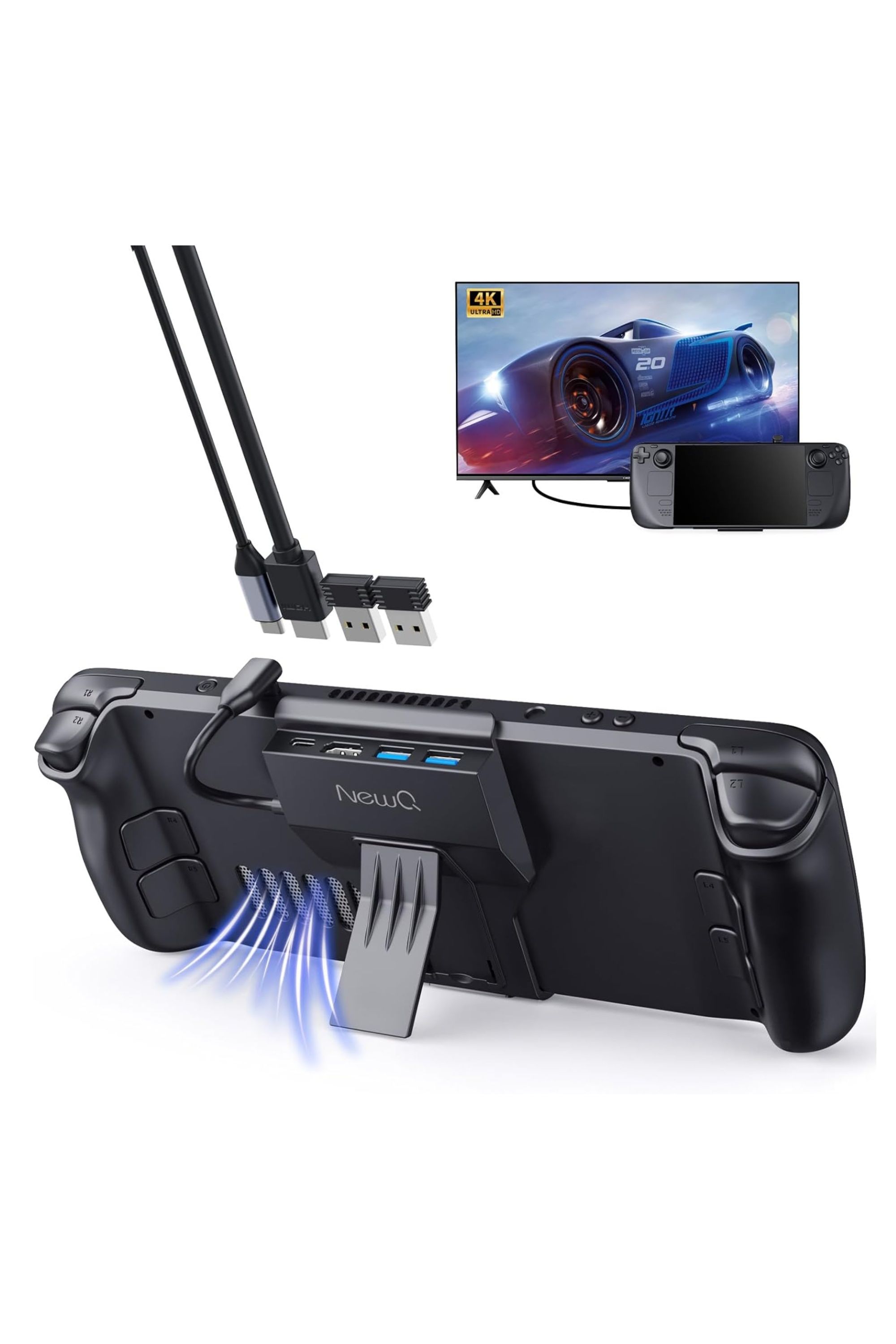 A promotional image for the NewQ Steam Deck Dock, showing connectivity, picture quality, and airflow.