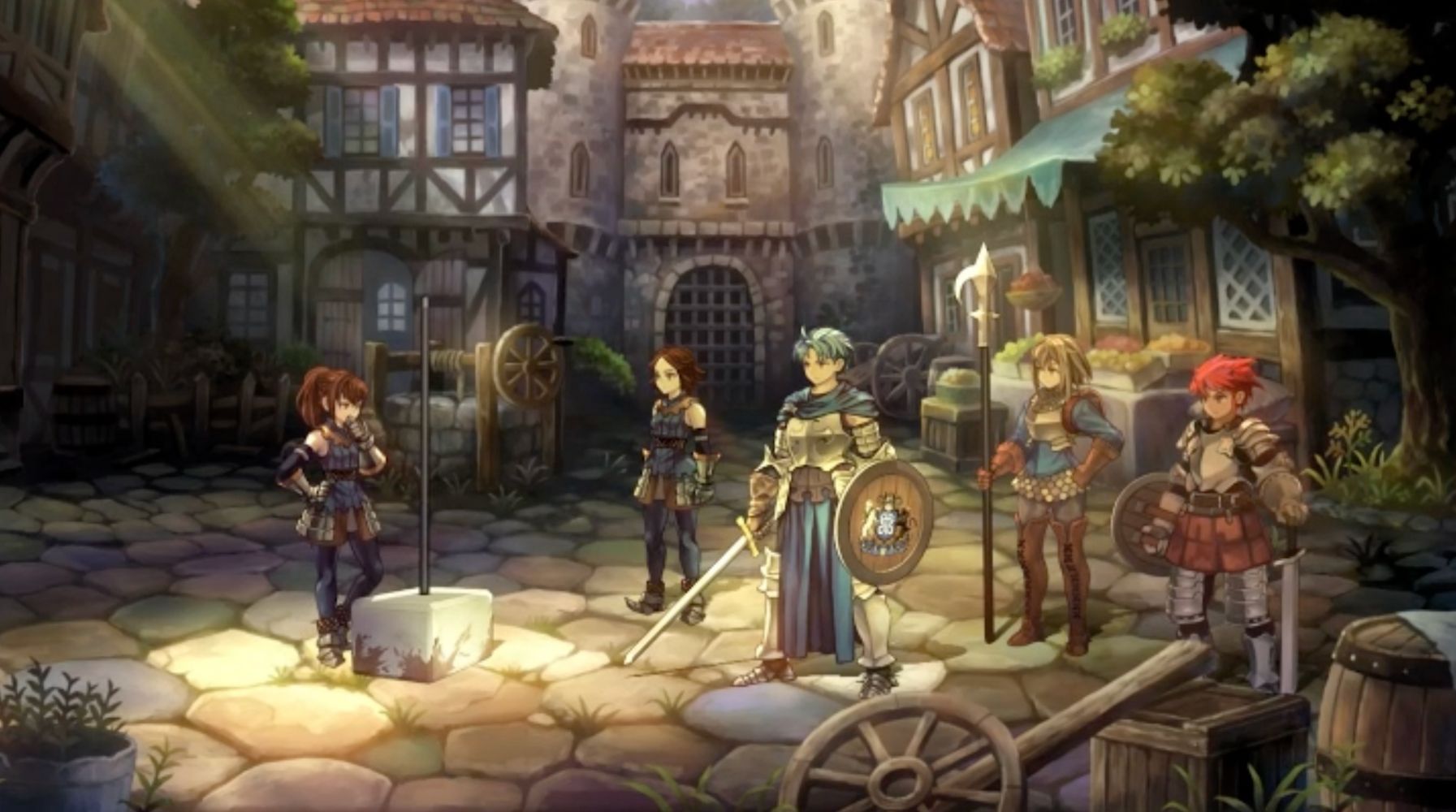 A screenshot of Unicorn Overlord featuring Nina, Millé, Alain, Chloe, and Lex