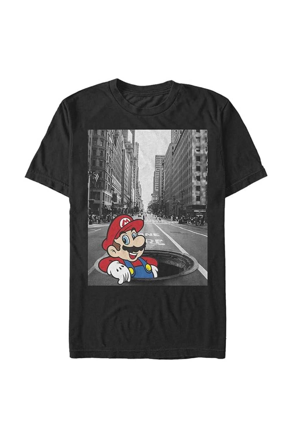 Nintendo Men's Super Mario Street Pop Up Black and White Photo T-Shirt