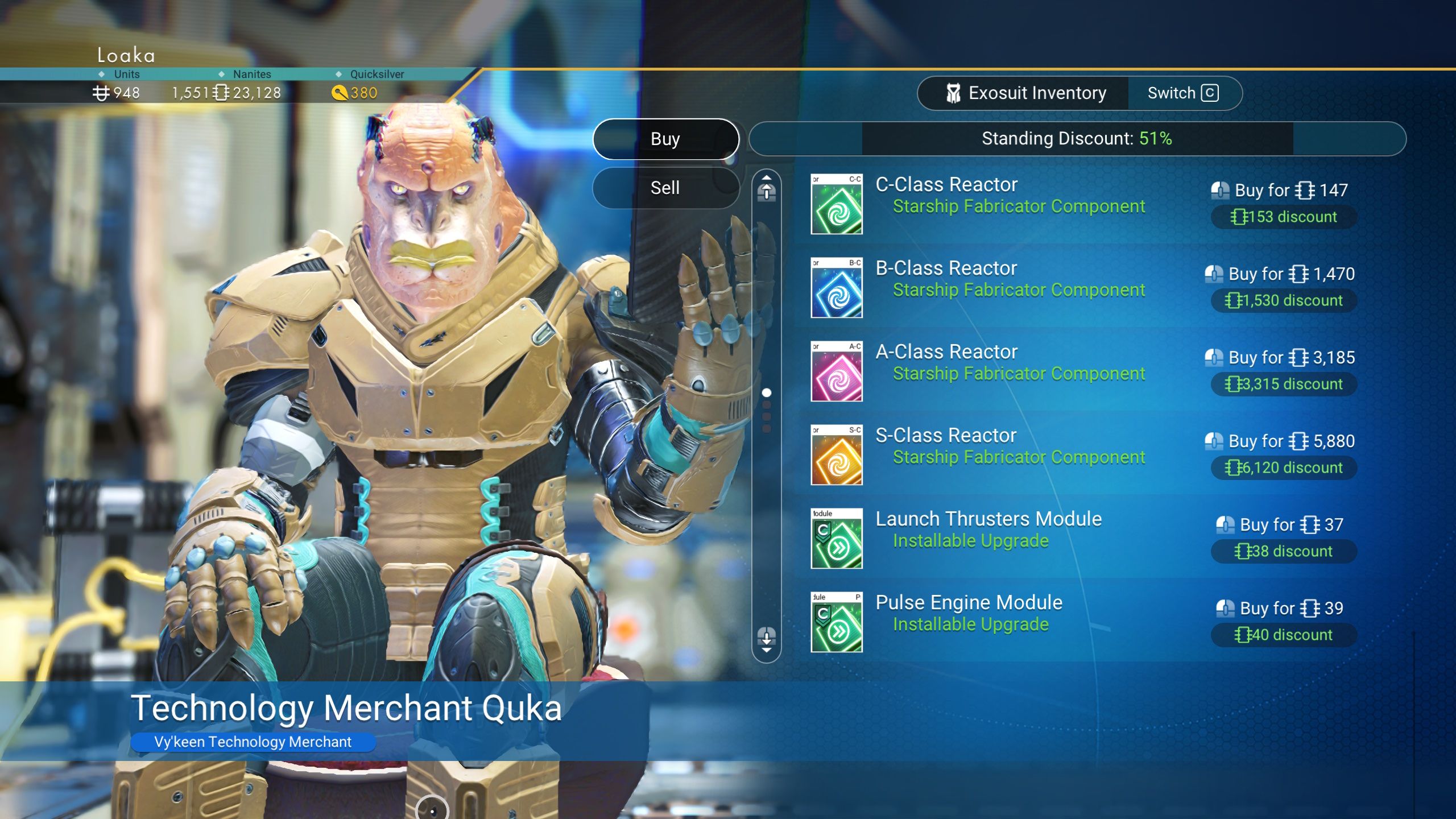 No Man's Sky Ship Technology Merchant showing available Reactor Cores and other upgrades.