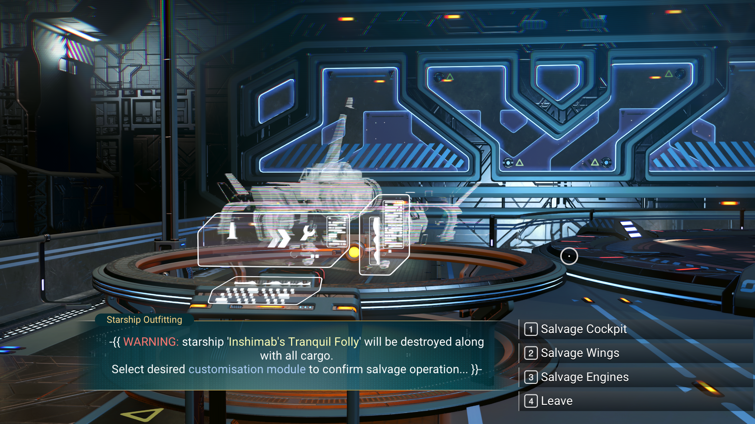 No Man's Sky Starship Outfitting Kiosk asking what component the player should salvage.