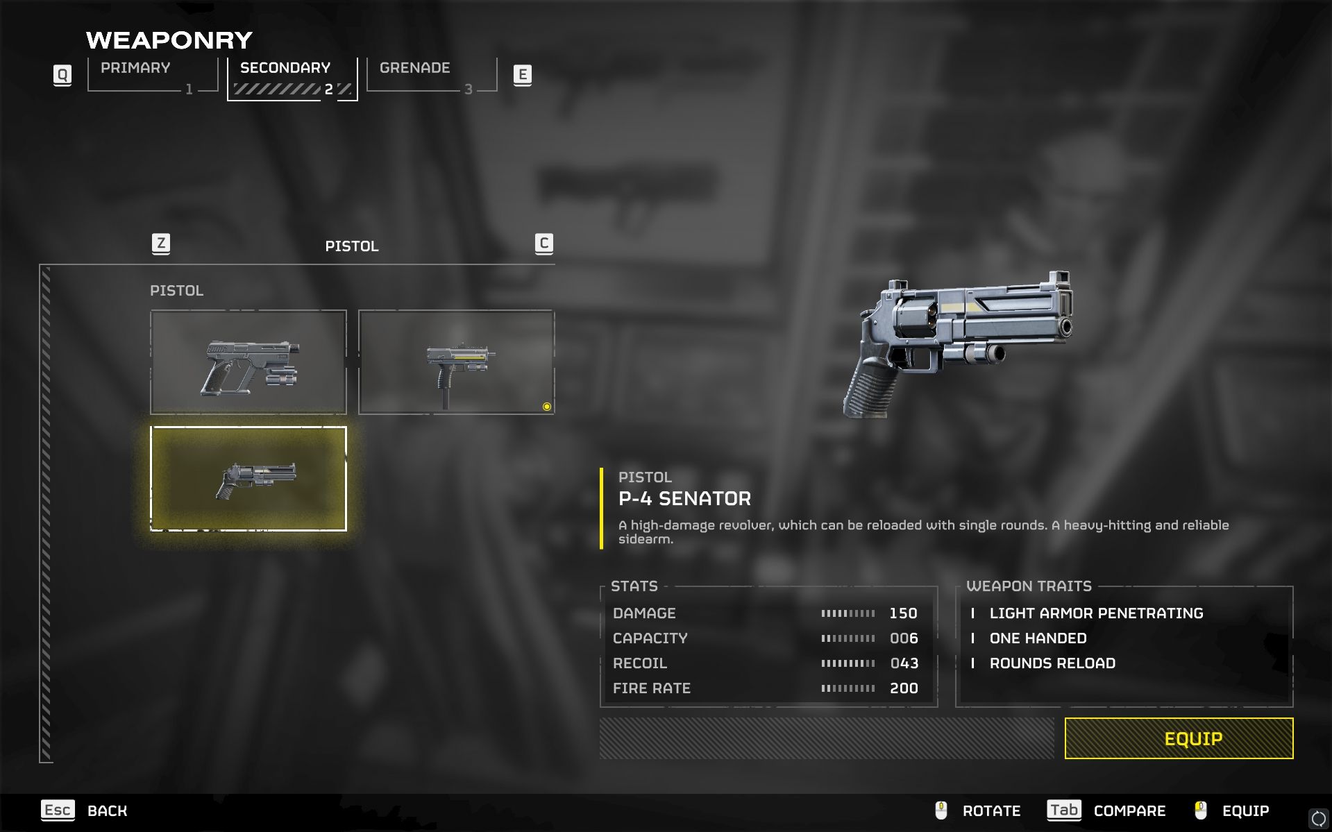 P-4 Senator weapon selection screen in Helldivers 2