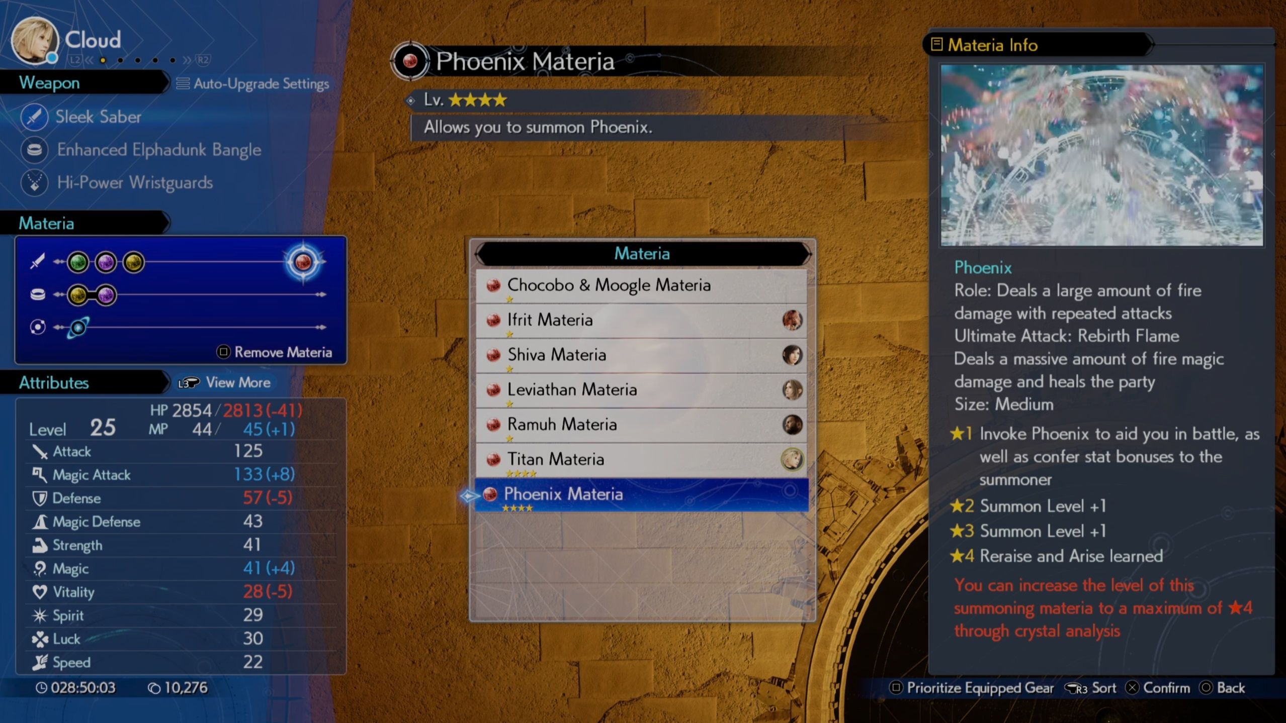 Phoenix Materia in the Summon Materia screen in FF7 Rebirth